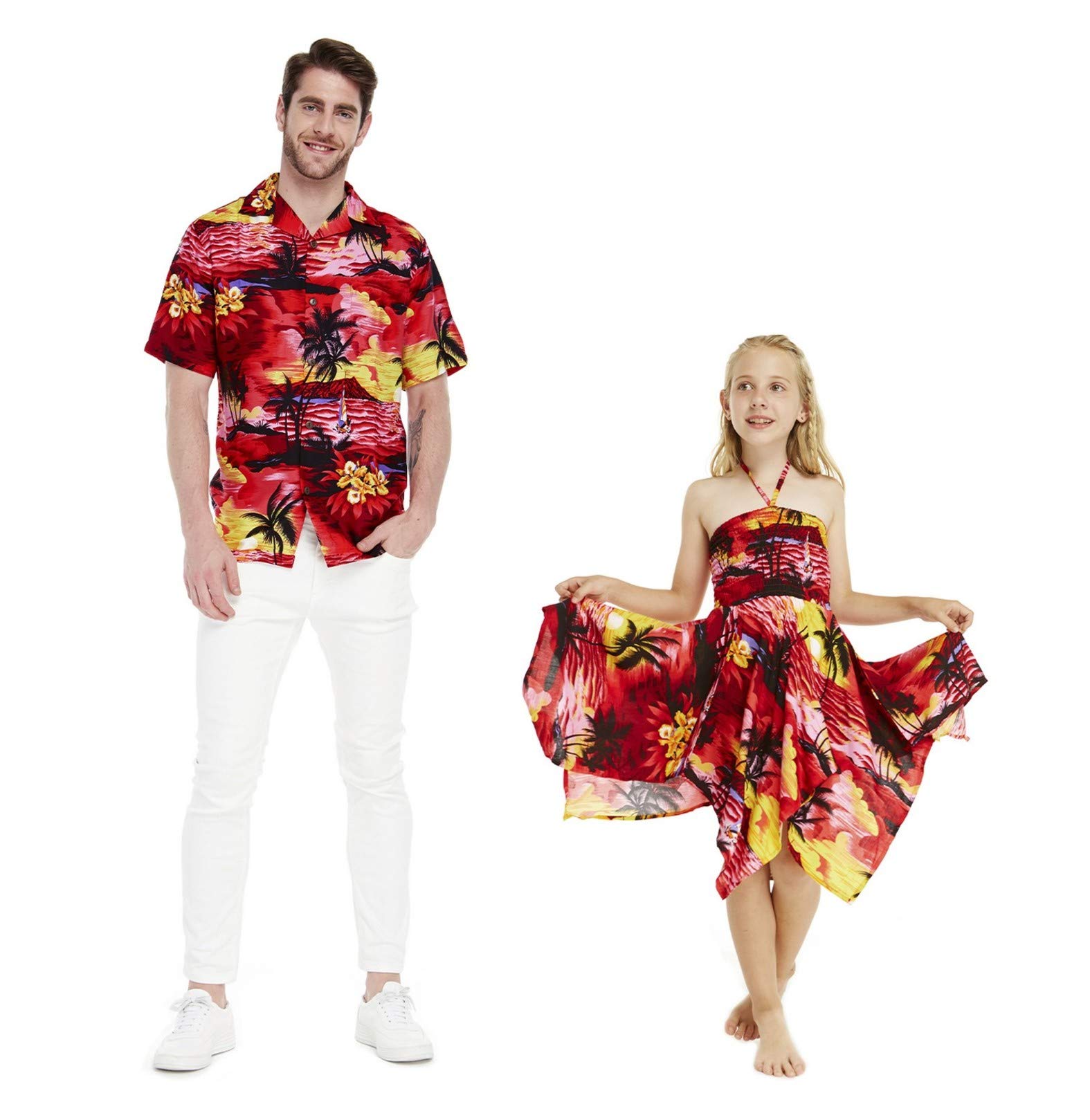 Matching Father and Daughter Hawaiian Luau Shirts - Tropical Sunset Print Aloha Shirt for Men & Boho Gypsy Dress for Girls | Perfect for Luau Parties, Beach Vacations, and Family Photoshoots