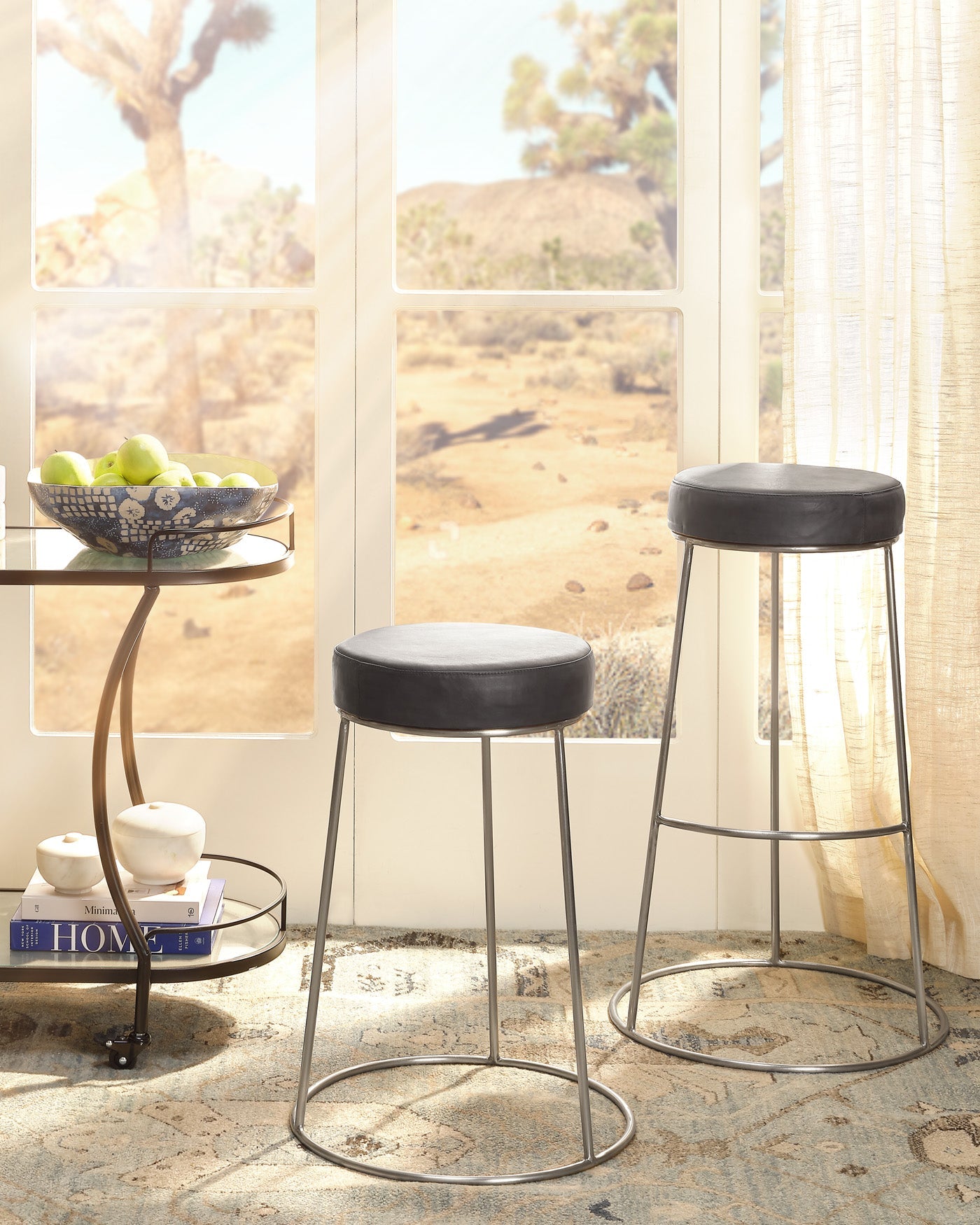 Henry Round Leather Counter Stool - Modern Bar Stools for Kitchen Island, Breakfast Nook & Home Decor - Genuine Leather Seat with Sturdy Metal Base