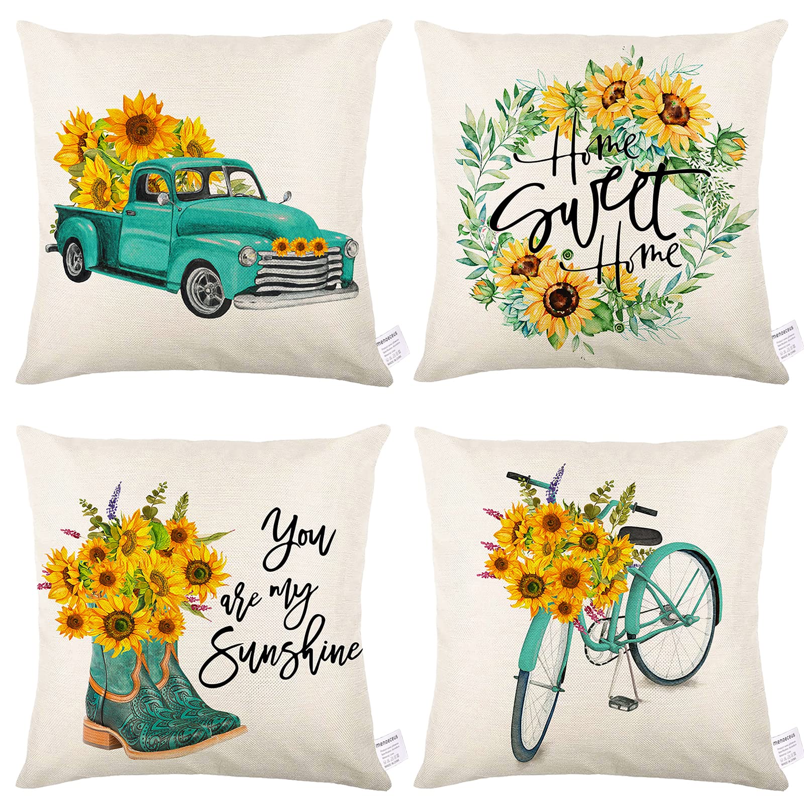 Farmhouse Sunflower Pillow Covers 18x18 Inch Set of 4 - Decorative Throw Pillow Cases for Couch, Bedroom & Outdoor Patio - Summer Home Decor with Home Sweet Home Design