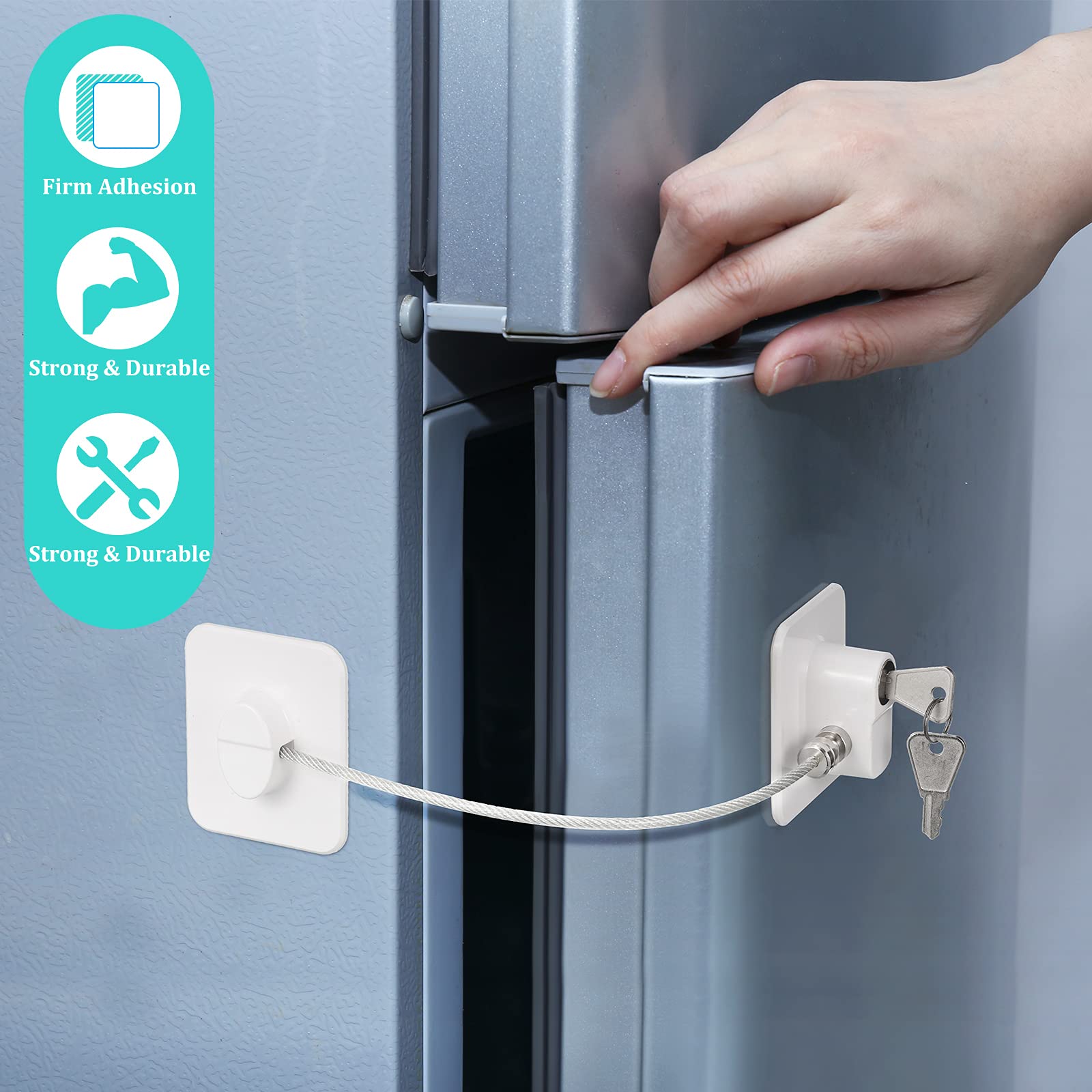 4-Piece Fridge Lock Set with 8 Keys - Child Safety Locks for Refrigerator, Freezer, Cabinets, Sliding Closets, Drawers & Toilet Seats - Durable White Childproofing Solution for Kitchen & Home Safety