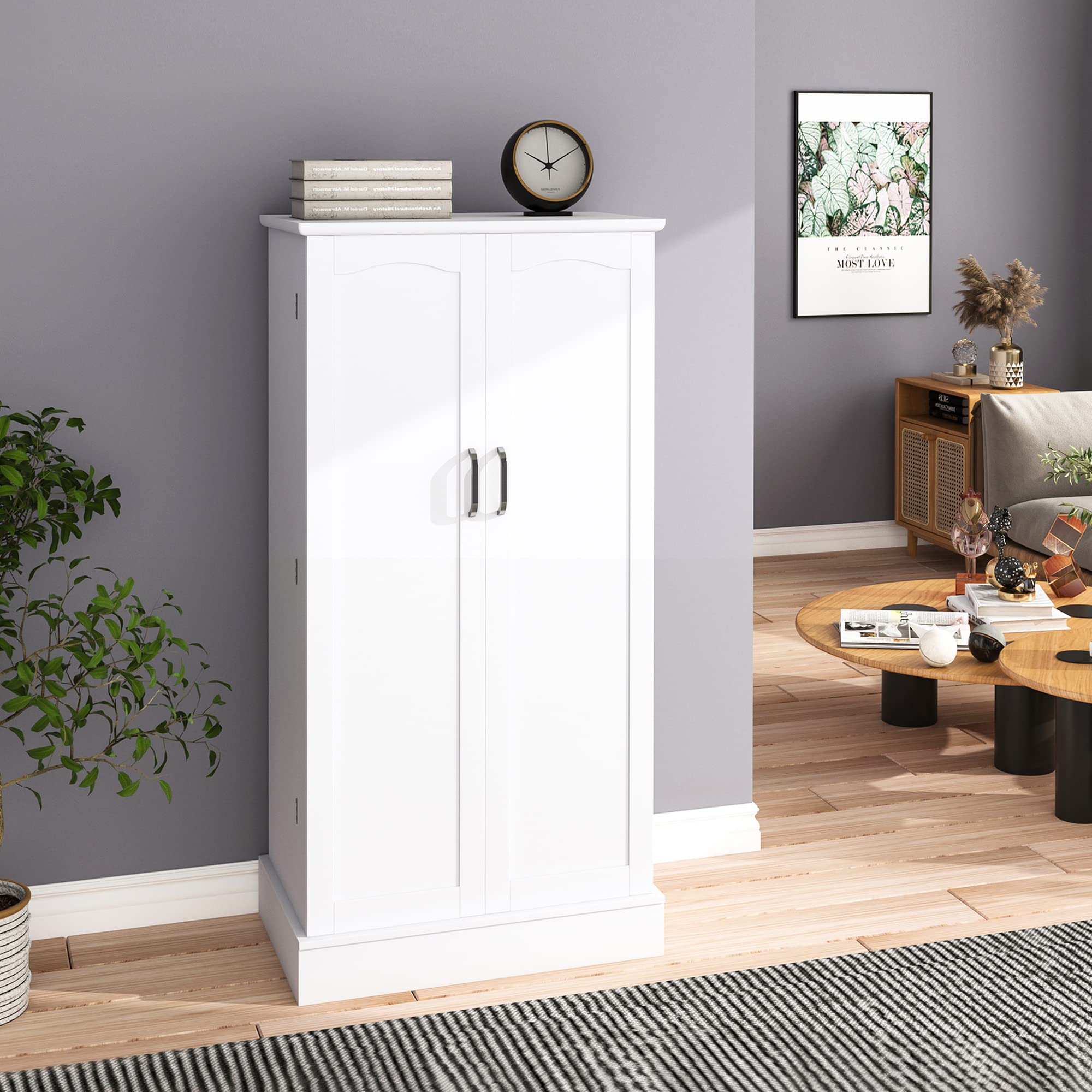 Jehiatek 47” White Freestanding Kitchen Pantry Cabinet with Adjustable Shelves & Doors - Perfect for Kitchen, Living Room, and Dining Room Storage Solutions