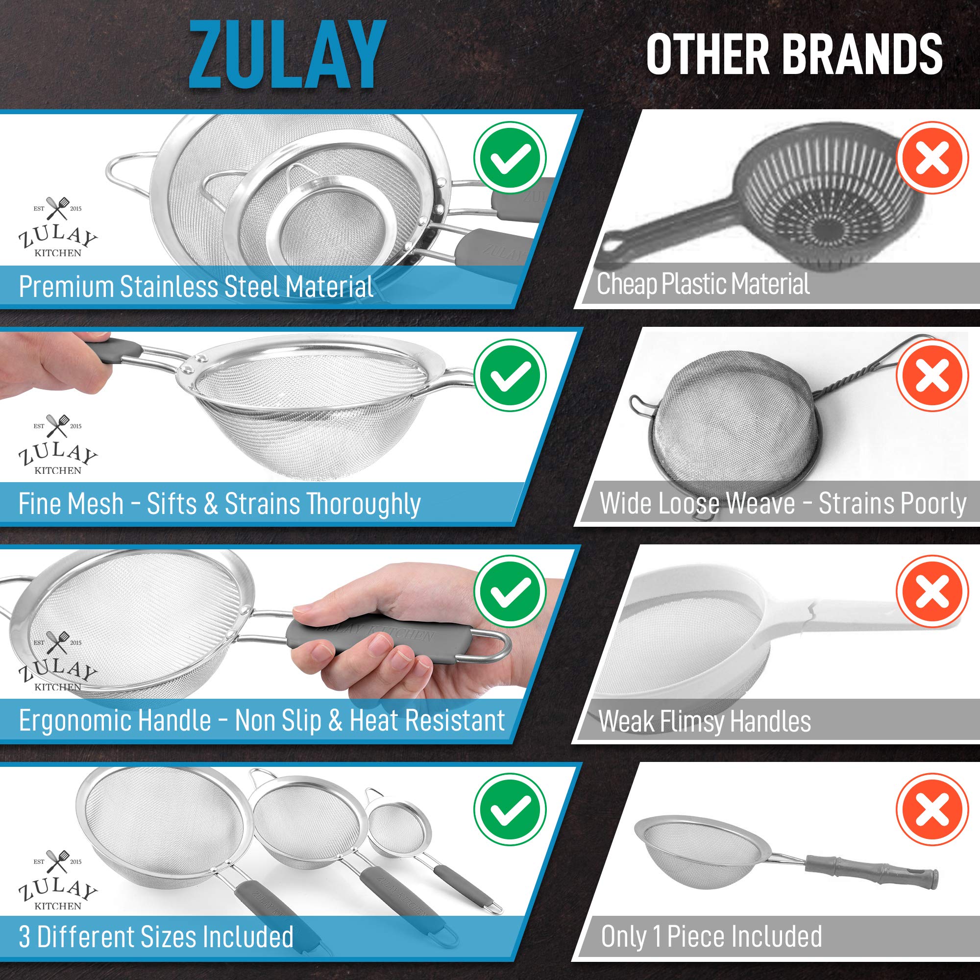 Premium Stainless Steel Fine Mesh Strainer Set (3-Piece) - Non-Slip Handles for Kitchen Use