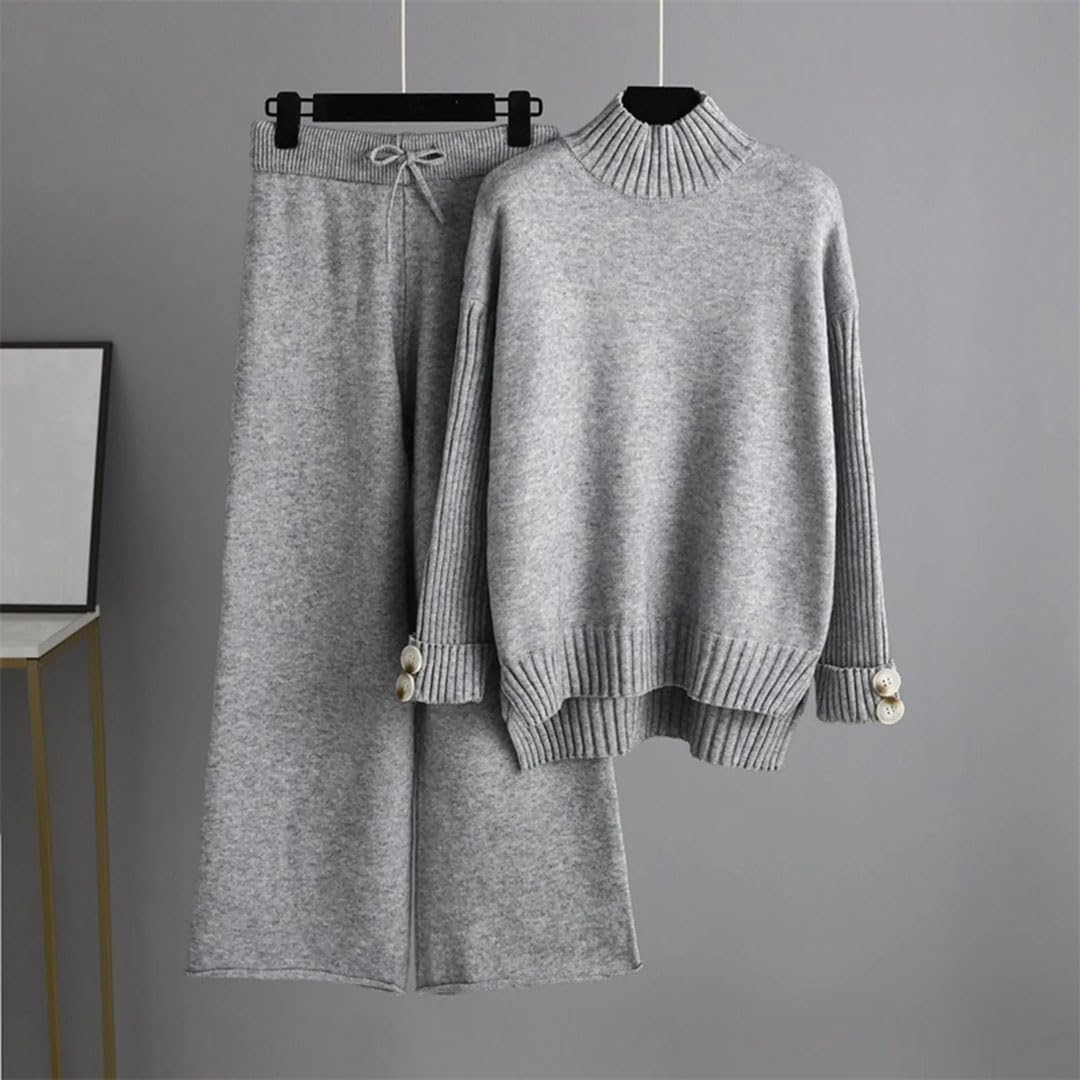 Women's Knitted Turtleneck Sweater & Wide Leg Pants Set - Solid Color Loose Fit Warm Tracksuit Outfit for Casual Wear, Office & Winter Fashion