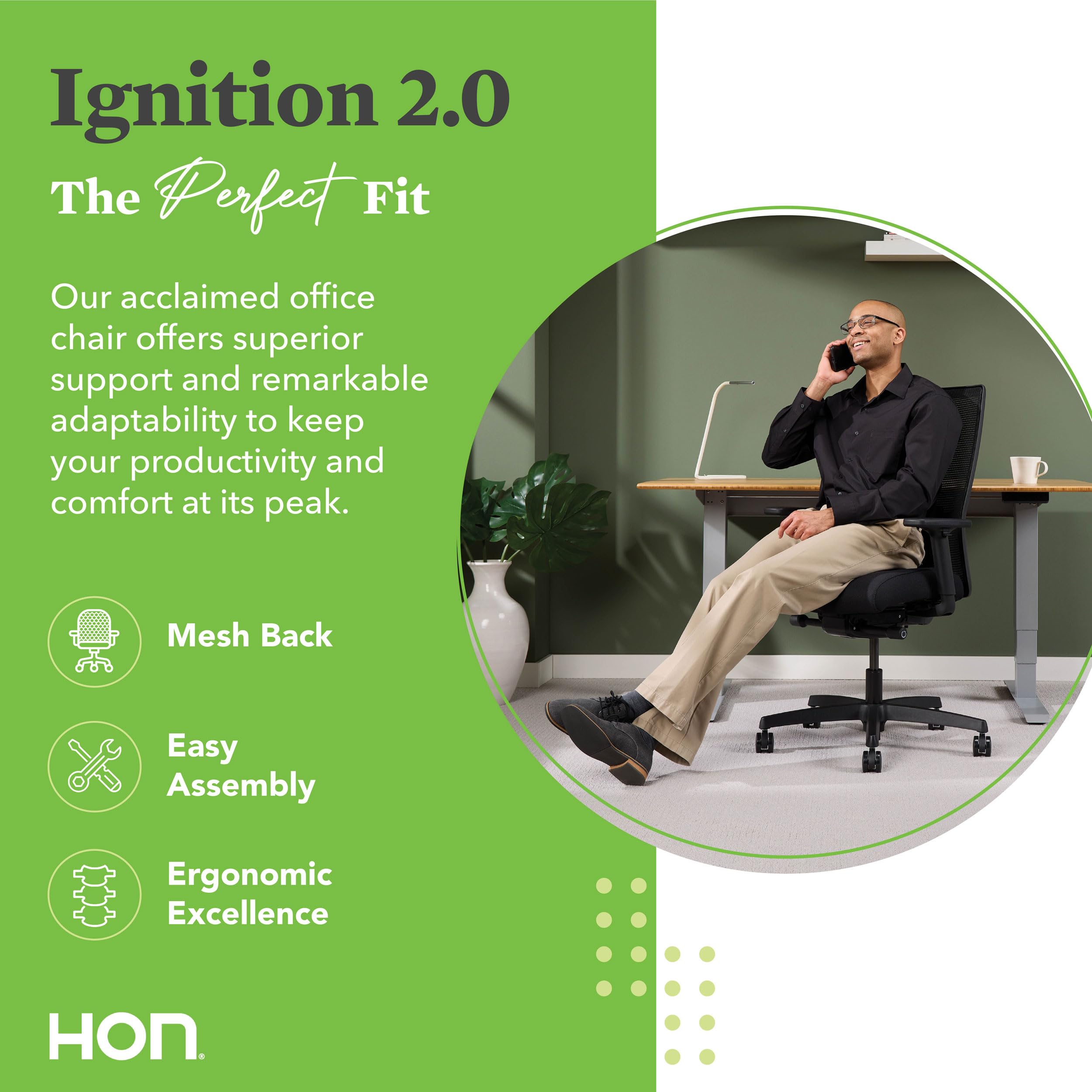 HON Ignition 2.0 Ergonomic Office Chair with Adjustable Tilt & Swivel Wheels - Comfortable Mesh Back Support for Long Hours Sitting - Home Office Desk Chair for Work, Gaming & Study