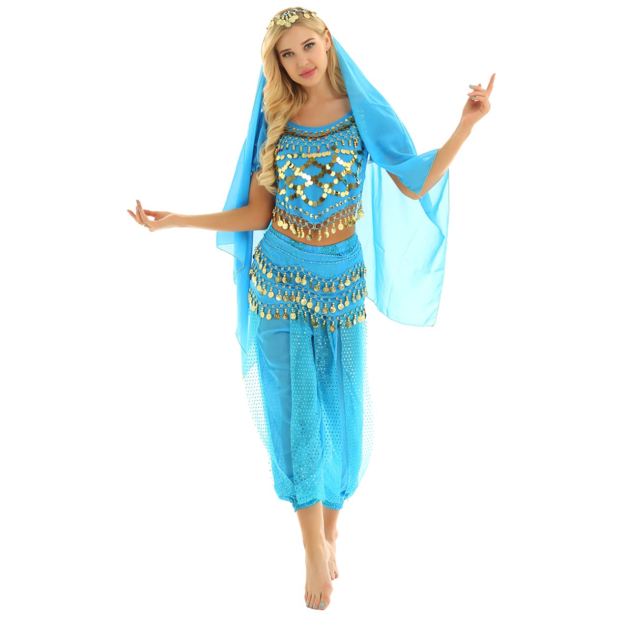 4Pcs Women's Halloween Belly Dance Costume Set - Indian Dance Outfit Fancy Dress for Halloween Parties, Performances & Cultural Events