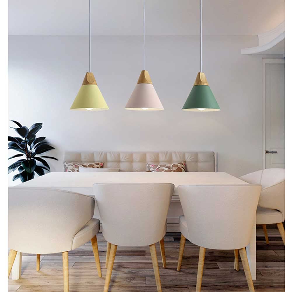 Modern Industrial Metal Kitchen Island Pendant Light - 9 Inch Wood & Macaron Color Hanging Chandelier with E27 Base, Perfect for Restaurants, Bars, and Home Dining Room Lighting