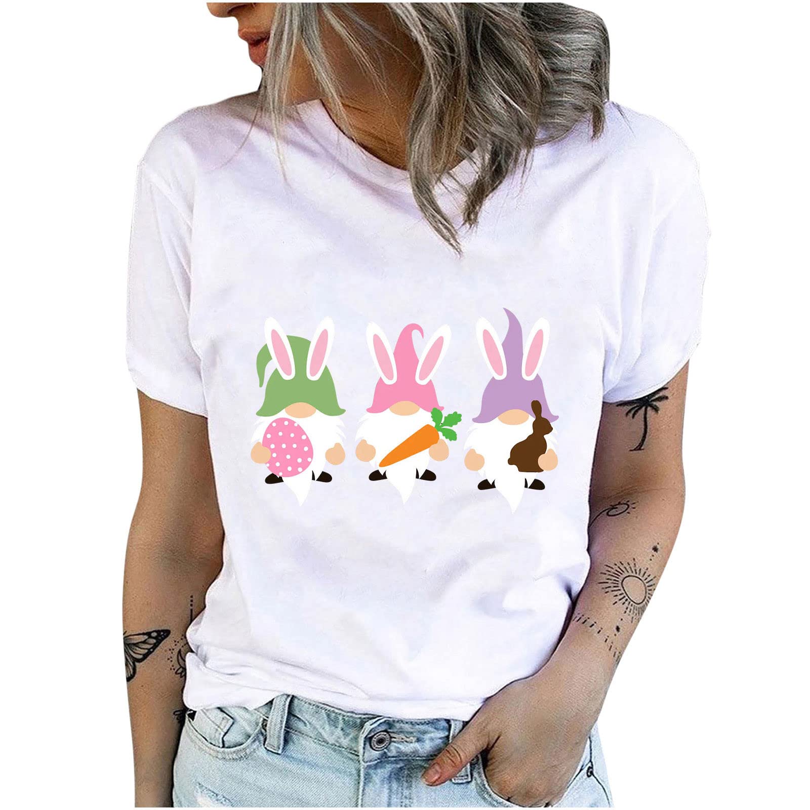 Women's Short Sleeve Crewneck T-Shirt with Easter Rabbit Print - Summer Casual Cotton Blouse Top for Ladies - Perfect for Easter Outfits, Spring Picnics & Summer Vacations