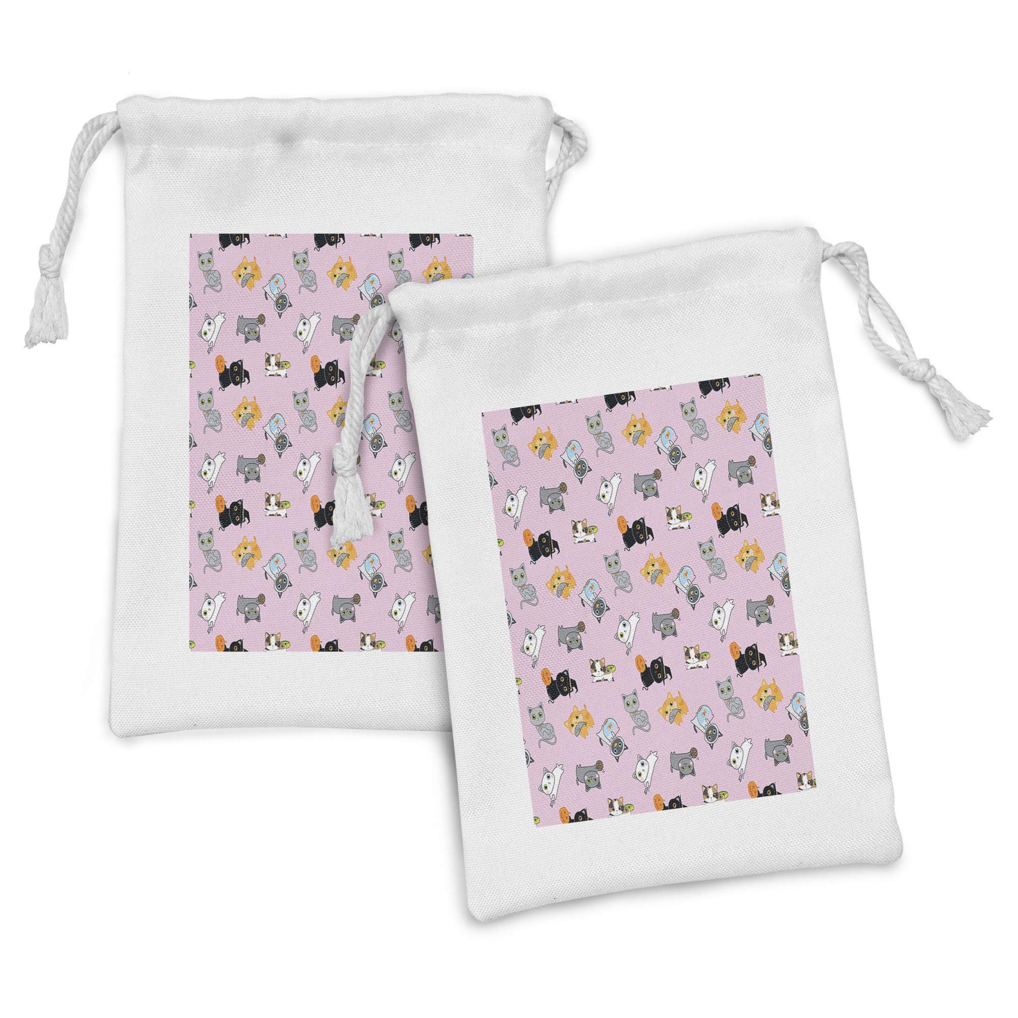 Ambesonne Cat Fabric Pouch Set of 2 - Colorful Kittens Playing with Fish, Mice & Yarnball - Small Drawstring Bags for Toiletries, Masks & Party Favors (9