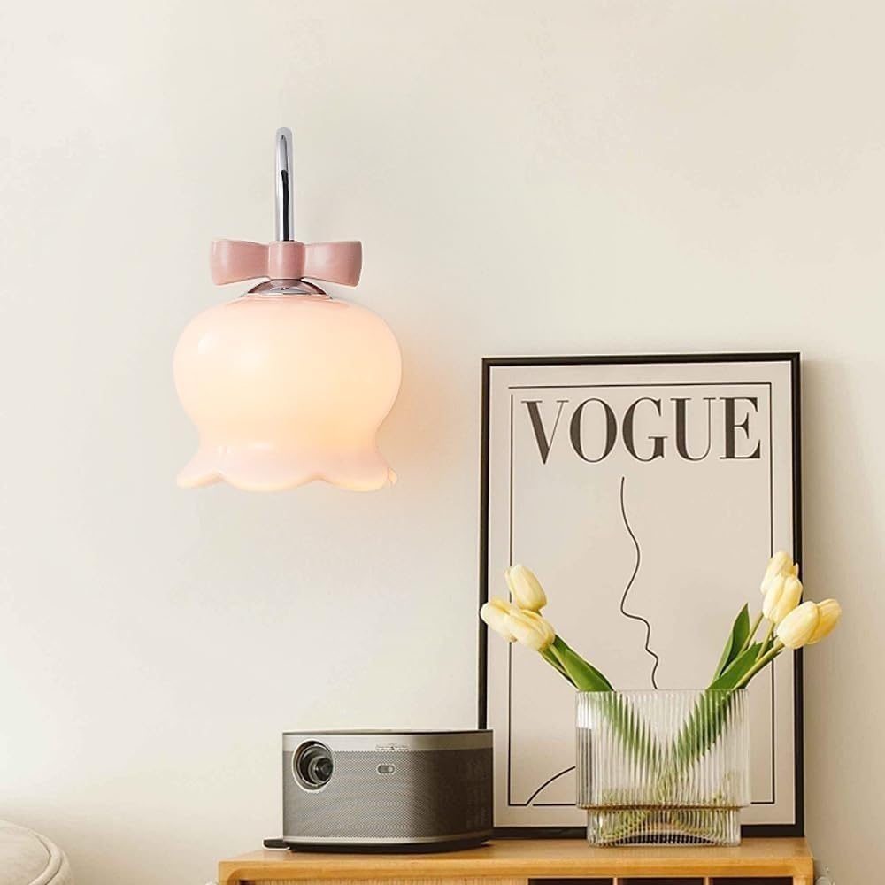 Nordic Modern Glass Wall Sconce with Flower Shade - E27 Chrome Gooseneck Bathroom Wall Light for Kids Bedroom, Girls Room & Living Room - Perfect for Bedside Lighting and Home Decor