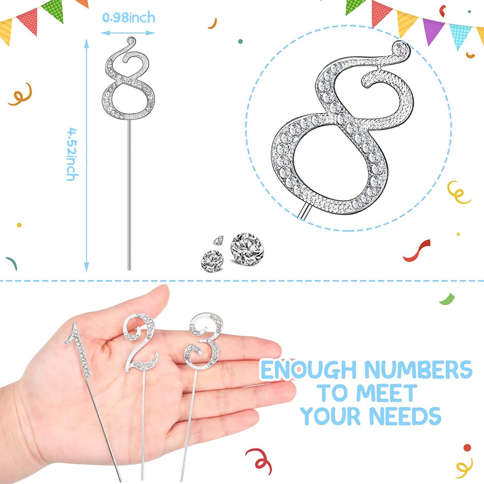 Silver Numbers 0-9 Cake Topper Set with Mini Diamond Gems - Bling Rhinestone Birthday Cake Decorations for Weddings, Anniversaries & Parties (10-Piece) - Perfect for DIY Desserts, Cupcake Toppers & Special Occasion Cakes