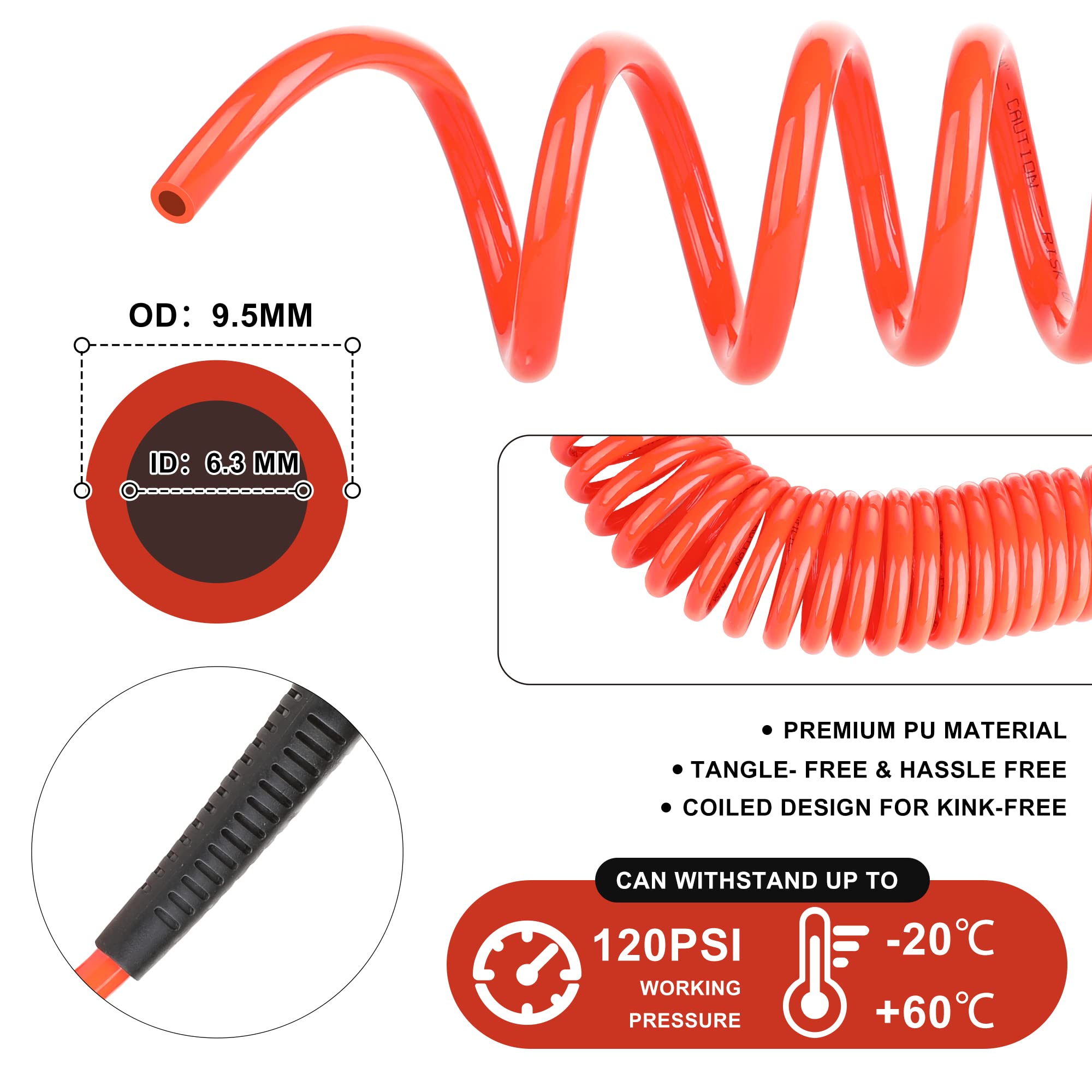 1/4-Inch x 20 Feet Polyurethane Air Hose with Bend Restrictors - Industrial Grade Recoil PU Air Compressor Hose with 1/4