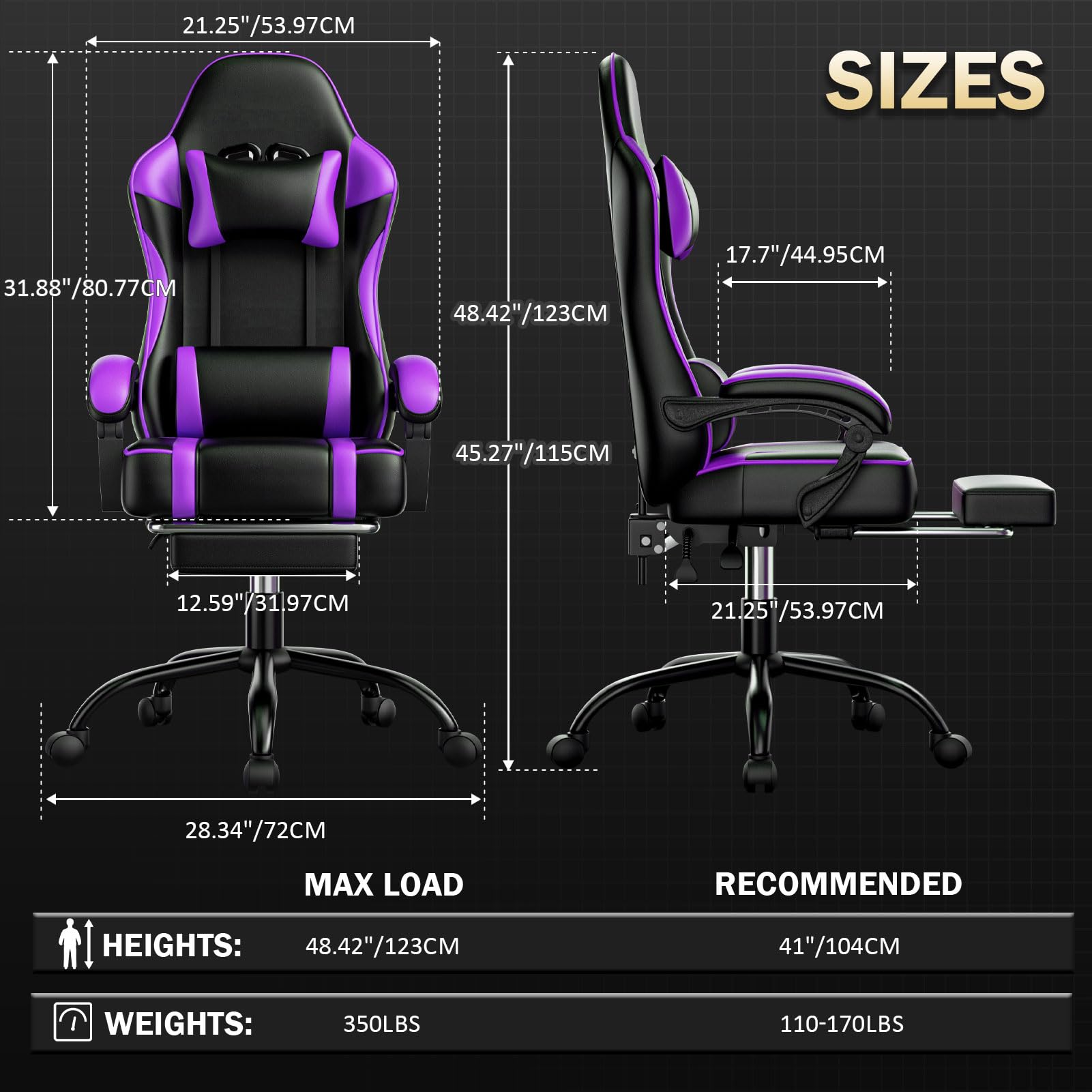 Ergonomic Gaming Chair with Adjustable Lumbar Support & Headrest - Purple Computer Desk Chair for Office & Home Gaming Setup - Height Adjustable with Footrest for Comfortable PC Gaming & Work Sessions