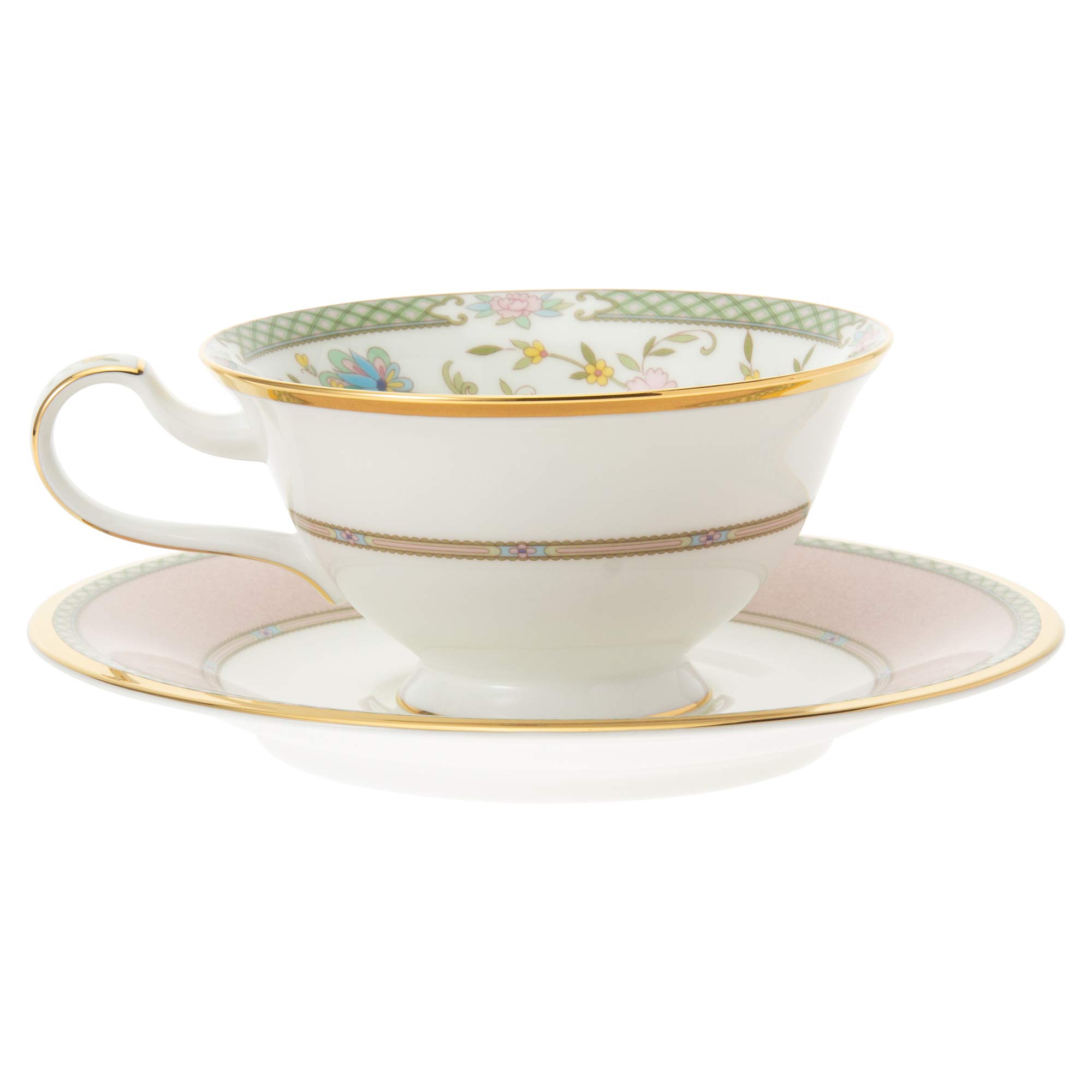 Noritake Bone China Tea and Coffee Cup Set - Yoshino Green & Pink Bowls (Pair) Y6988/998307 - Elegant Japanese Import for Afternoon Tea & Gifting