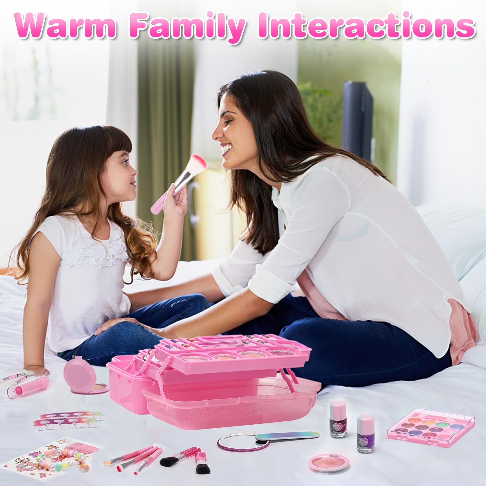 Anpro 68PCS Washable Kids Makeup Kit - Princess Cosmetic Set for Girls Ages 3-10 | Non-Toxic, Hypoallergenic | Perfect Birthday & Christmas Gift (Pink) | Pretend Play, Dress Up, Party Fun