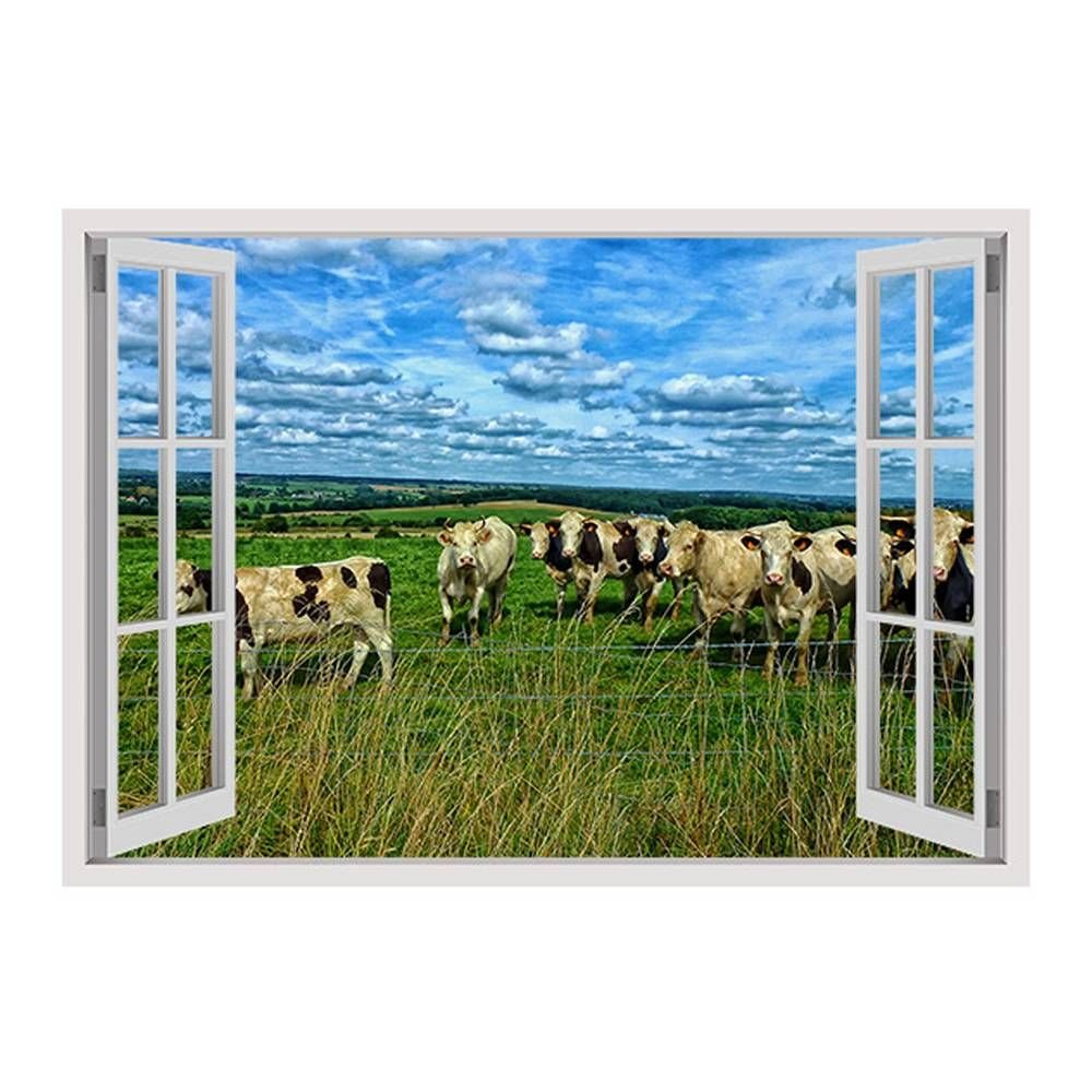 Fake 3D Window Landscape With Cattle Wall Sticker - 17x12 Inch Vinyl Decal Art Print for Home Decor | HD Picture Wall Art for Living Room, Bedroom & Office | Easy Peel & Stick Wall Decoration