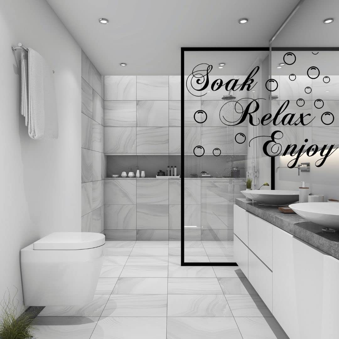 2 Pack Bathroom Wall Decals - Vinyl Stickers with Bathroom Rules: WASH BRUSH FLOSS FLUSH & SOAK RELAX ENJOY BUBBLE - Easy Peel and Stick Removable Decor for Washroom, Toilet, and Spa-Like Atmosphere