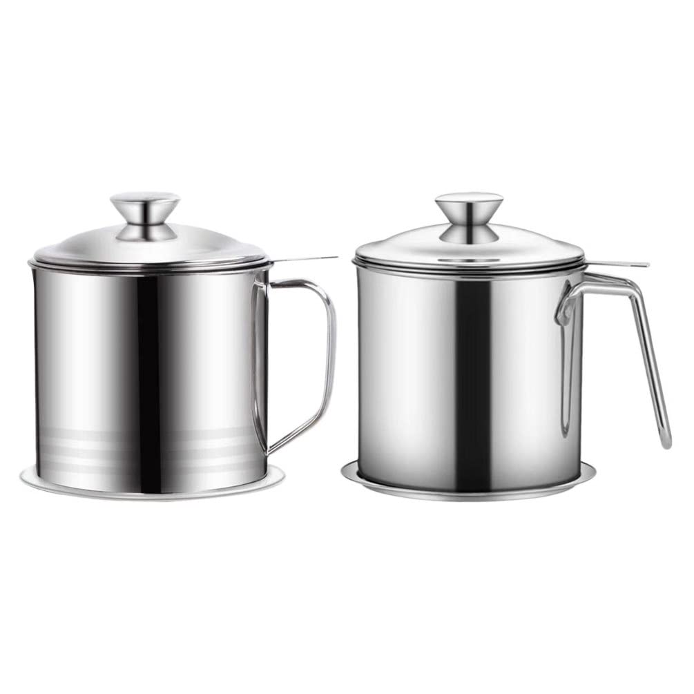 Hemoton 2-Pack Stainless Steel Grease Containers with Lids - Oil Strainer Pot for Kitchen, Cooking & Frying - Durable Food-Grade Storage for Used Cooking Oil, Drippings & Grease - Ideal for Restaurants, Home Kitchens & Outdoor BBQ
