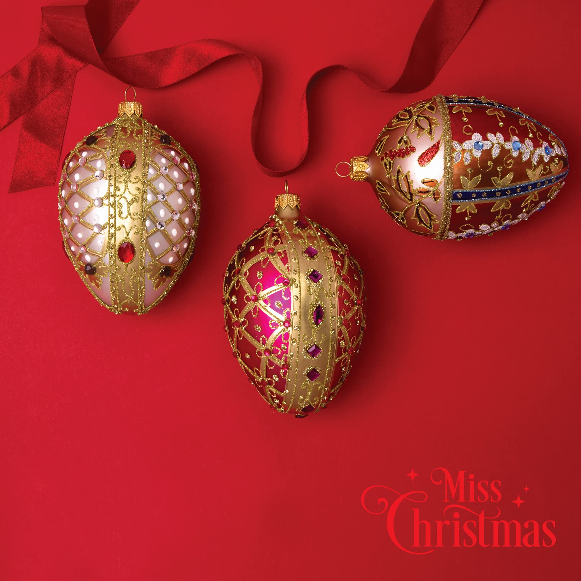 2024 Miss Christmas Palace Collection Red & Gold Fabergé Egg 5-Inch Blown Glass Ornament - Royal Tapestry Pattern Christmas Tree Decoration for Holiday Home Décor & Gift Giving