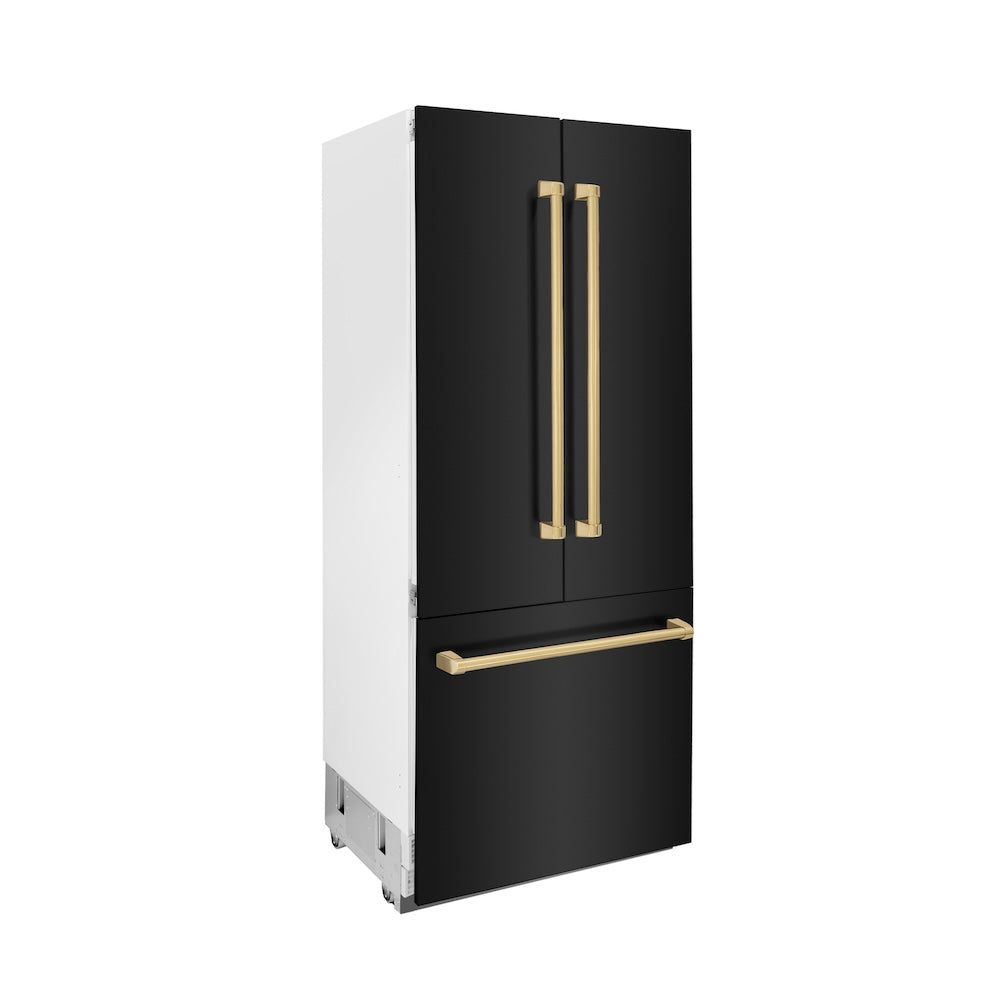 ZLINE Autograph Edition 36 Inch 19.6 Cu Ft French Door Built-In Bottom Freezer Refrigerator with Water Dispenser & Ice Maker - Black Stainless Steel with Polished Gold Accents (RBIVZ BS 36 G) - Perfect for Modern Kitchens & Luxury Homes
