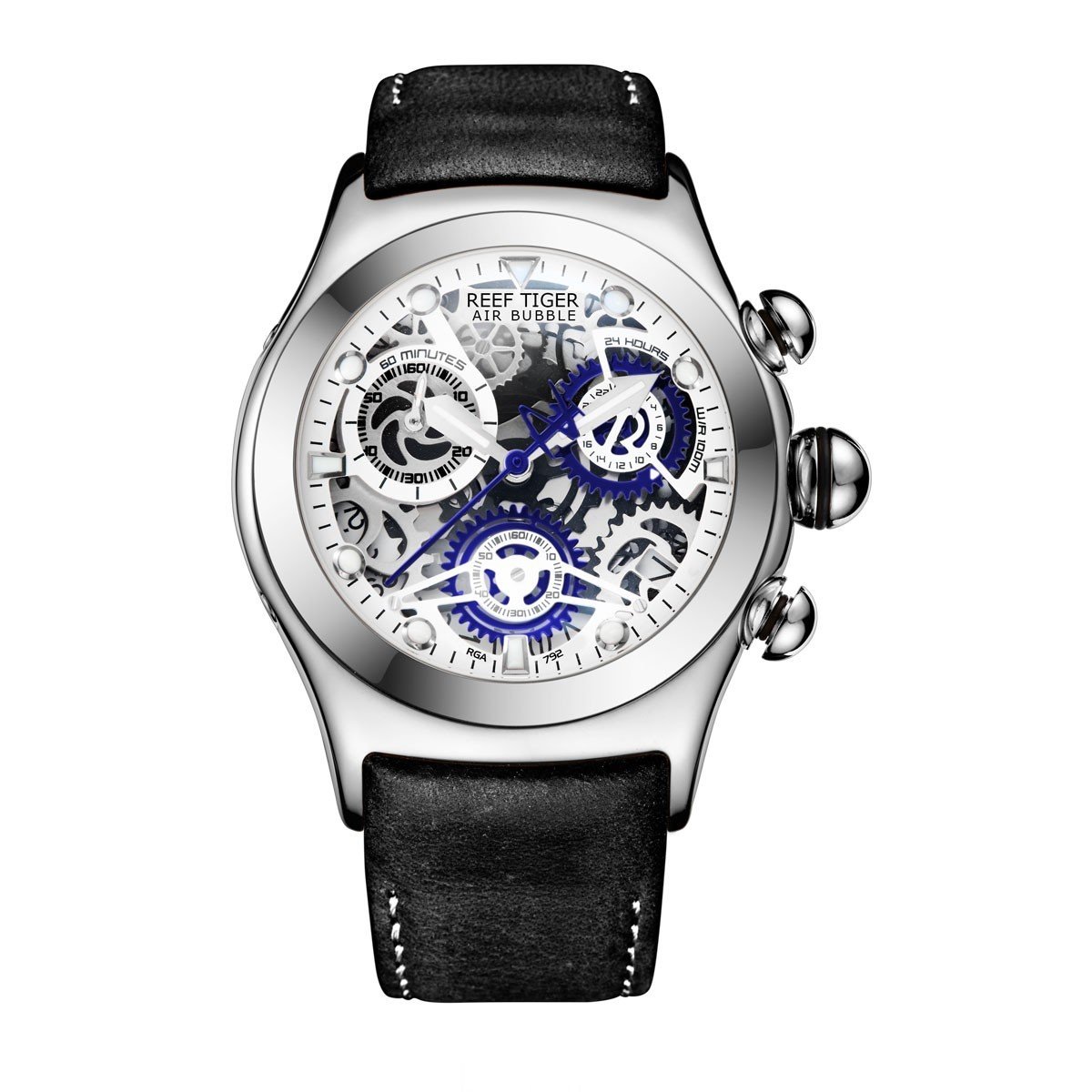 Reef Tiger Men's Chronograph Sport Watch with Date, Skeleton Dial & Luminous Hands - Stainless Steel Waterproof Wristwatch RGA792 for Diving, Running & Outdoor Activities