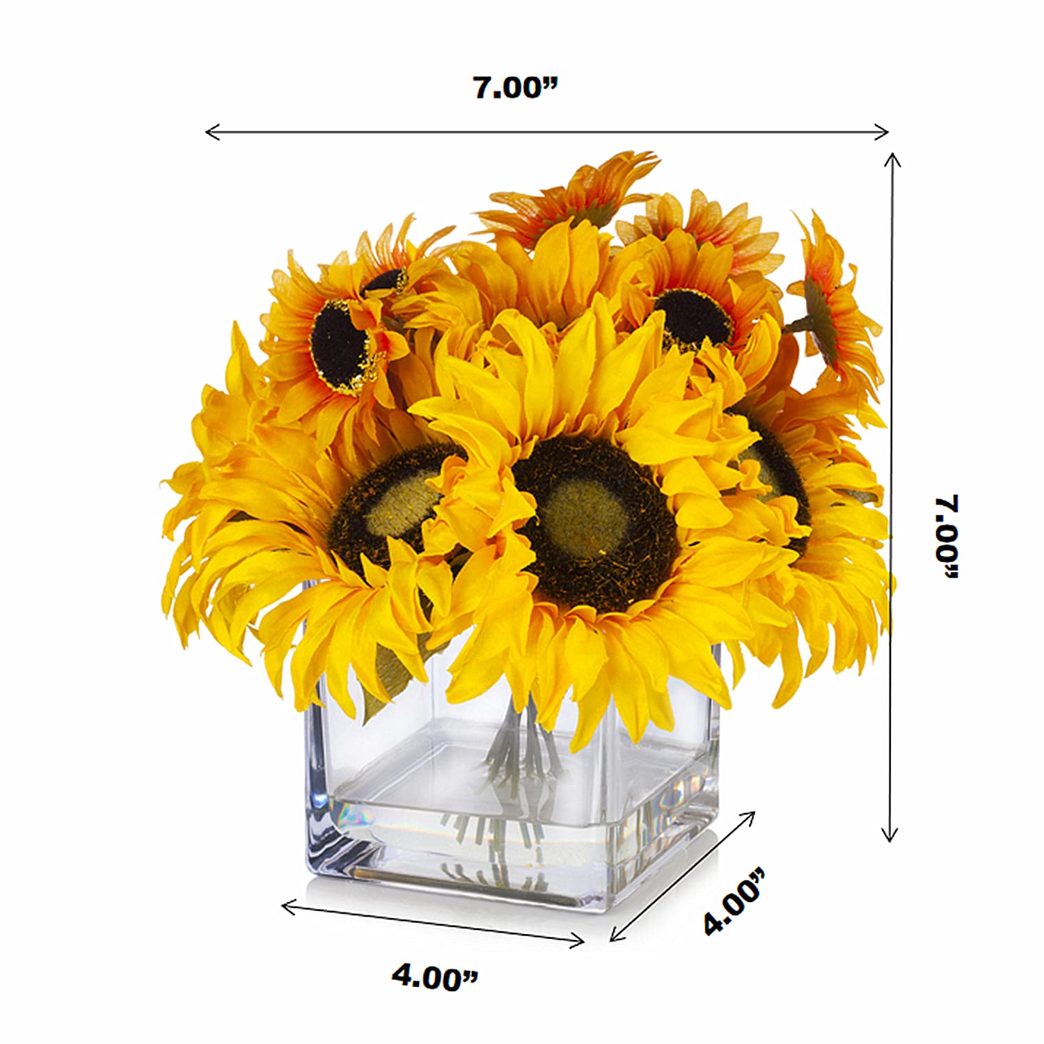 Enova Floral Artificial Sunflowers Mixed Silk Fake Flowers Arrangement in Glass Cube Vase with Faux Water - Home Office Wedding Decor, Table Centerpiece, Party & Event Decoration