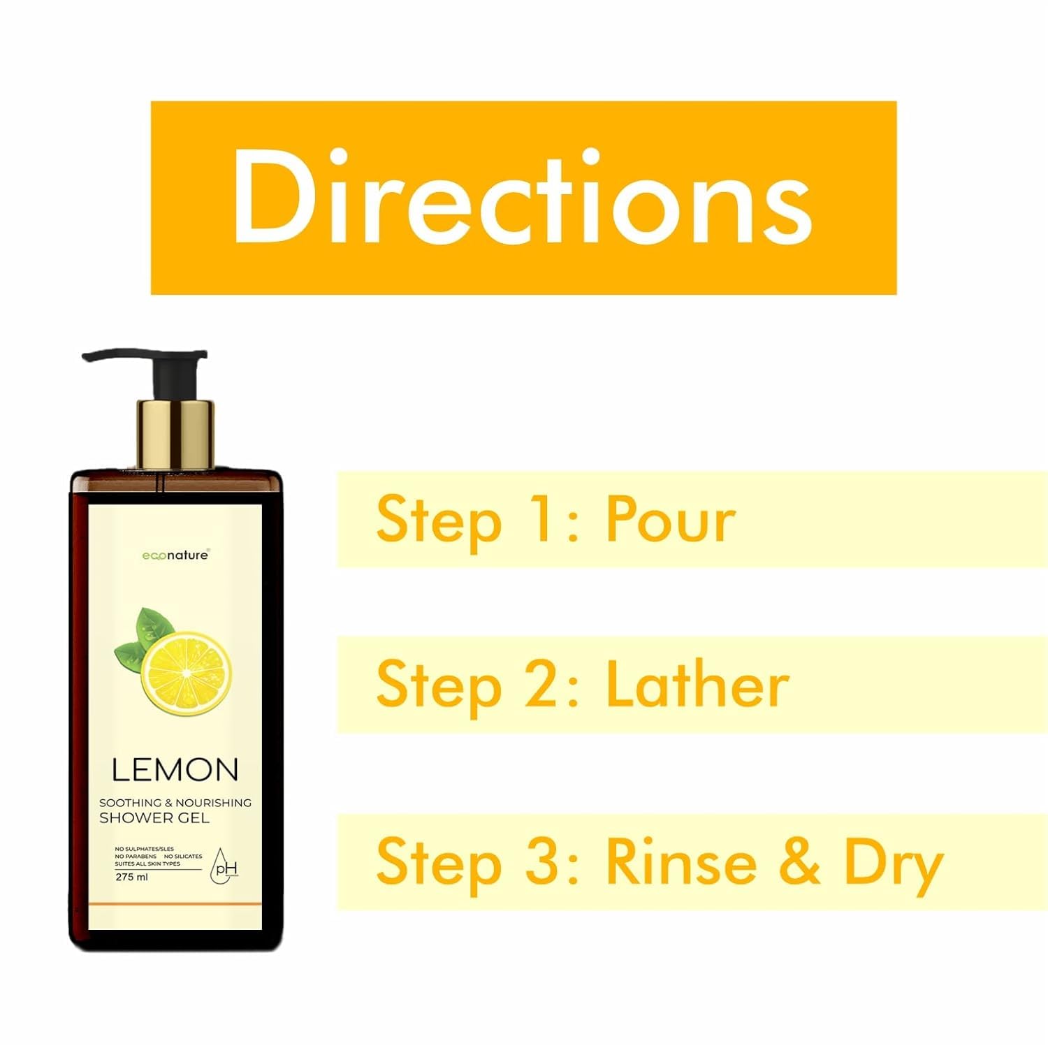 Econature Luxury Body Wash 275ML for Women & Men - 100% Vegan Shower Gel with Lemon Extract - Hydrating & Refreshing for Daily Skincare Routine - Perfect for Morning & Night Use
