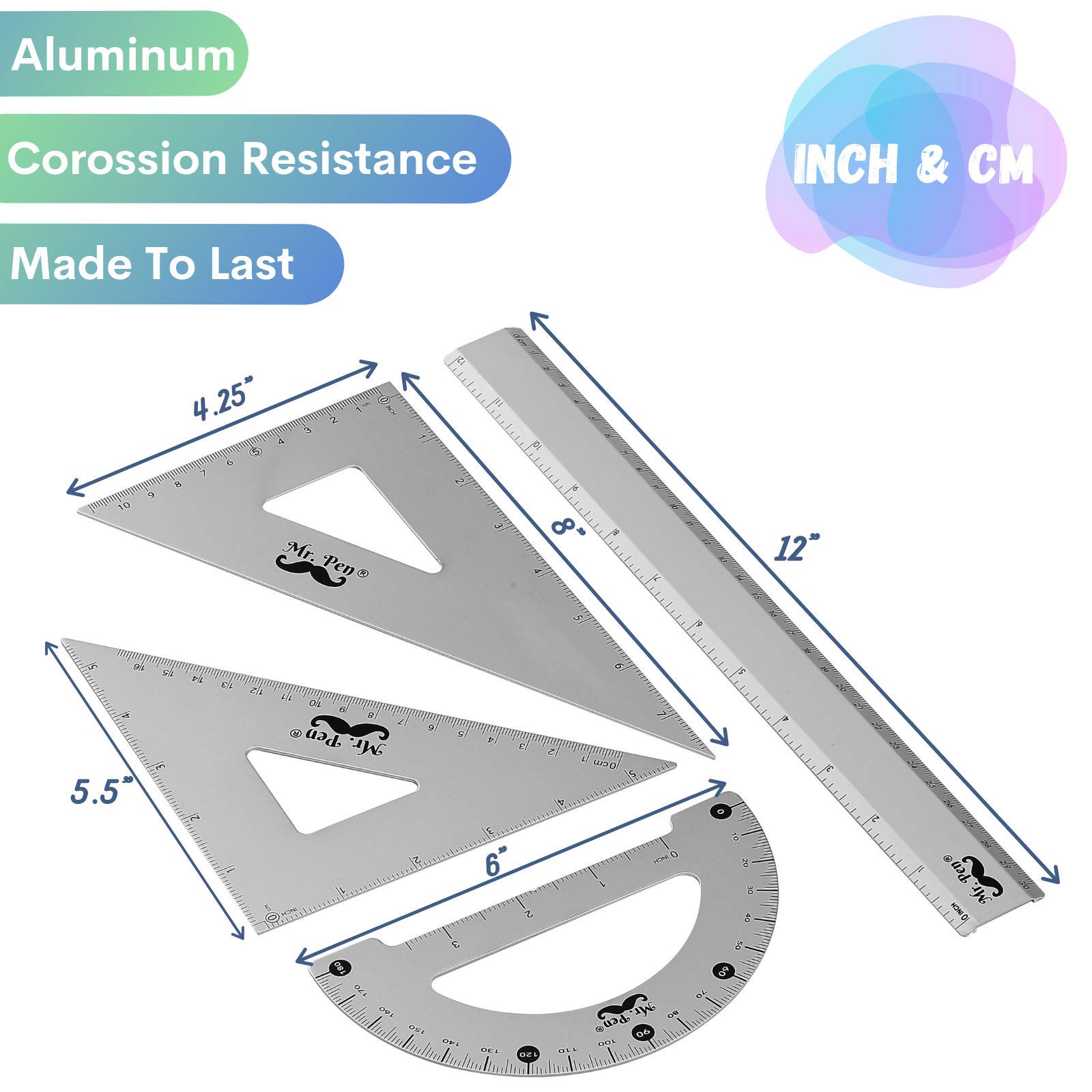 Premium Metal Geometry Kit - 4-Piece Set with Square, Protractor, Aluminum Ruler & Drafting Triangles for Students, Engineers & Artists | Perfect for Math Class, Technical Drawing & Architecture Design
