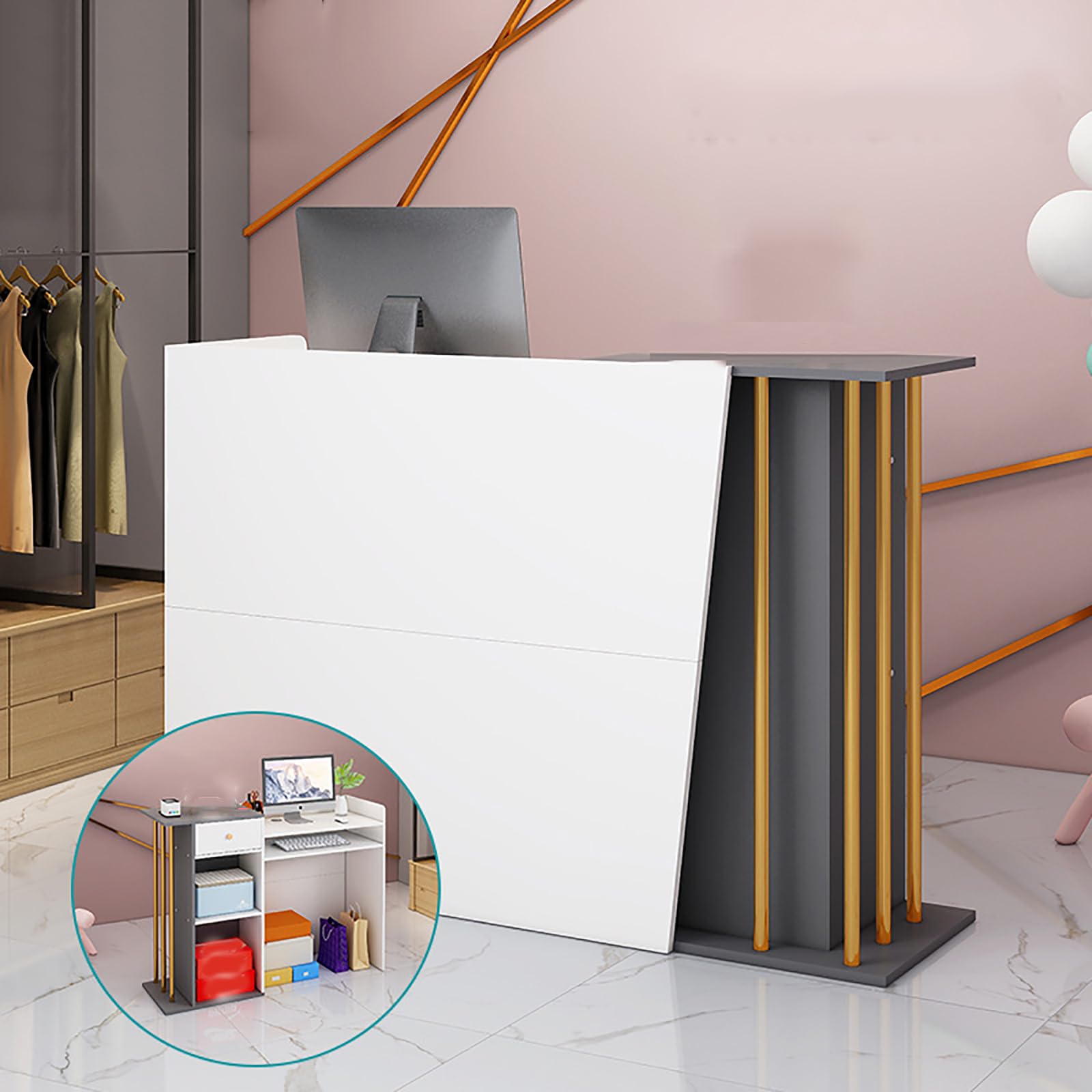Modern Reception Desk with Counter & Storage - Office Computer Table with Drawers, Shelves & Large Cabinet - Perfect for Lobbies, Salons, Retail Stores & Home Offices