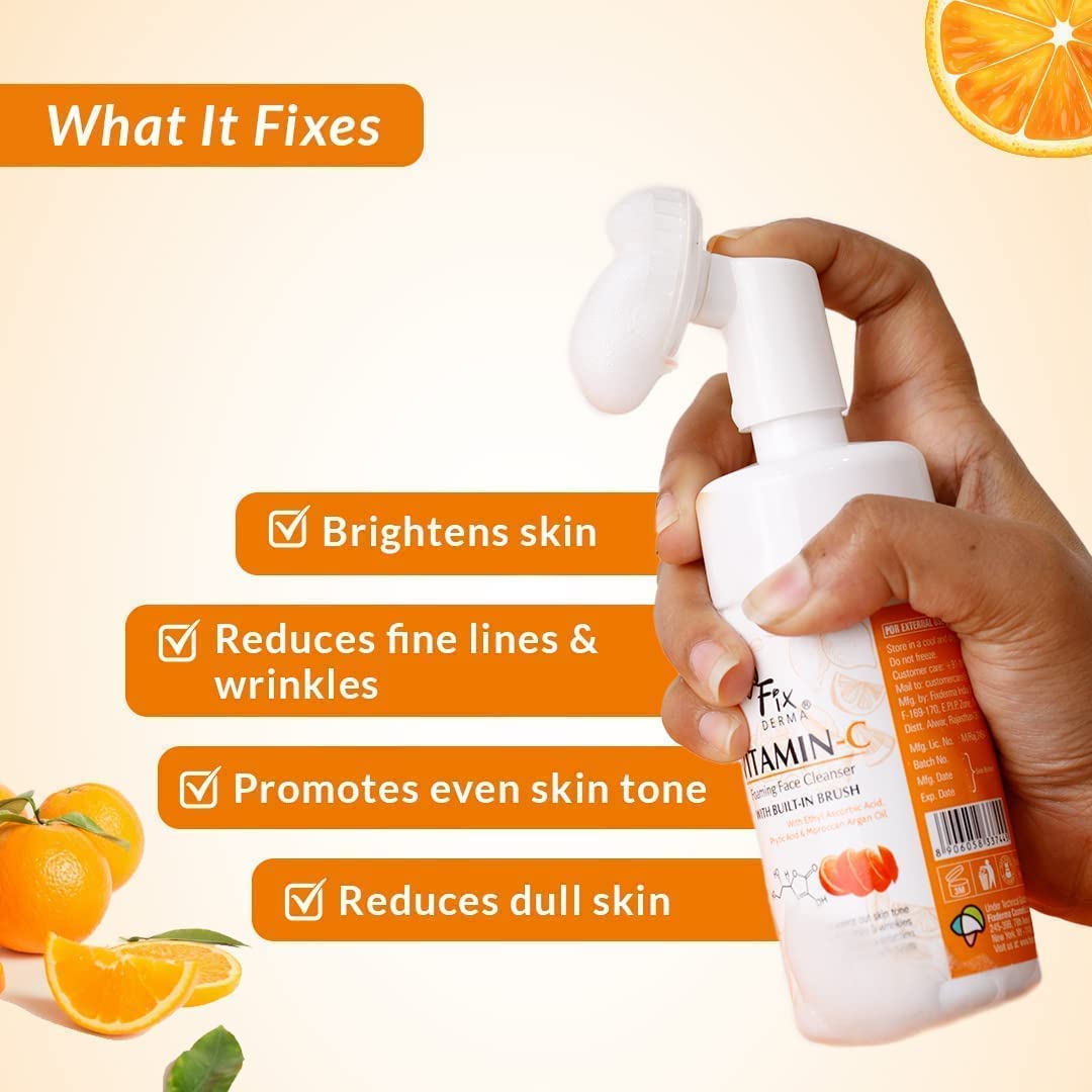 Vitamin C Foaming Face Cleanser with Brush - Brightening & Anti-Aging Facial Wash for Women & Men | Evens Skin Tone, Reduces Wrinkles & Exfoliates | 100ml | Perfect for Morning & Night Skincare Routine