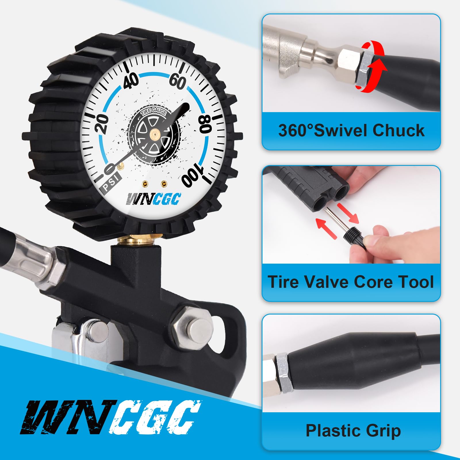 100PSI Tire Pressure Gauge with Locking Air Chuck - 2.5