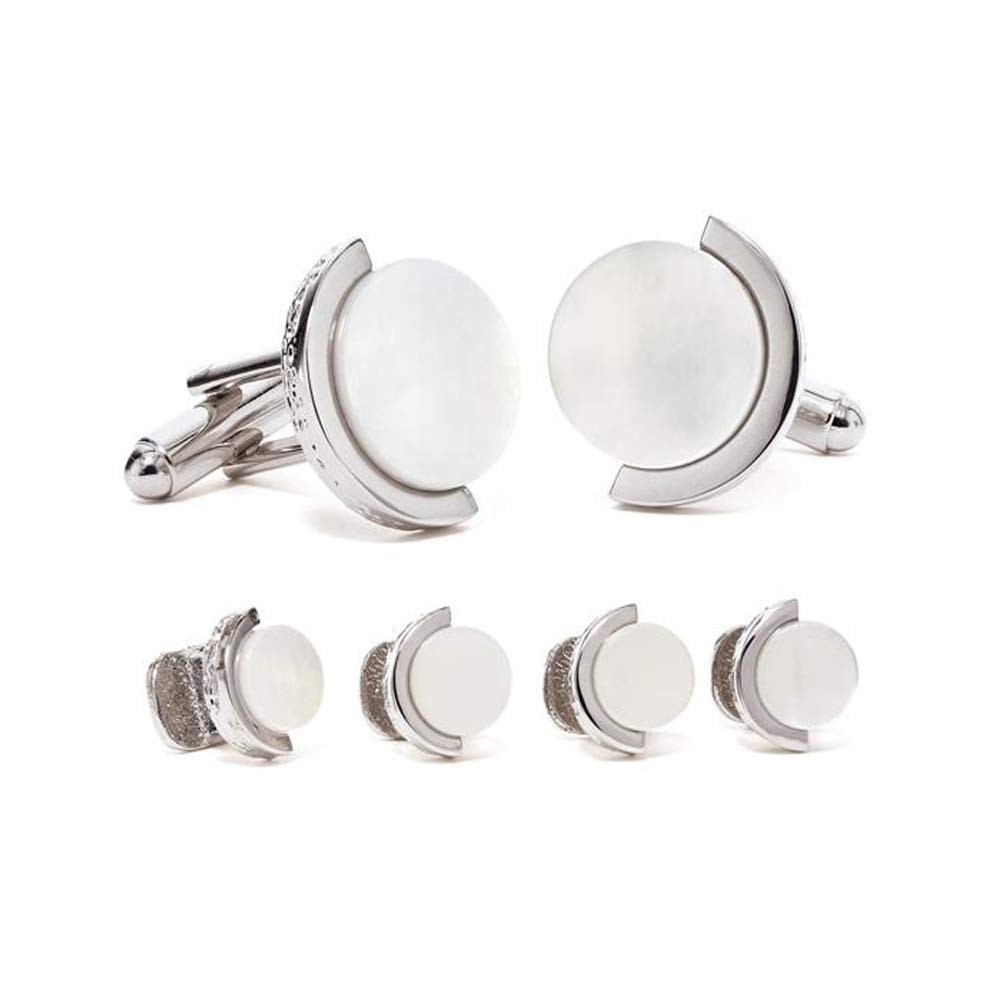 Elegant Silver Tone Mother of Pearl Cufflinks and Stud Set for Men - Perfect for Weddings, Formal Events & Business Attire