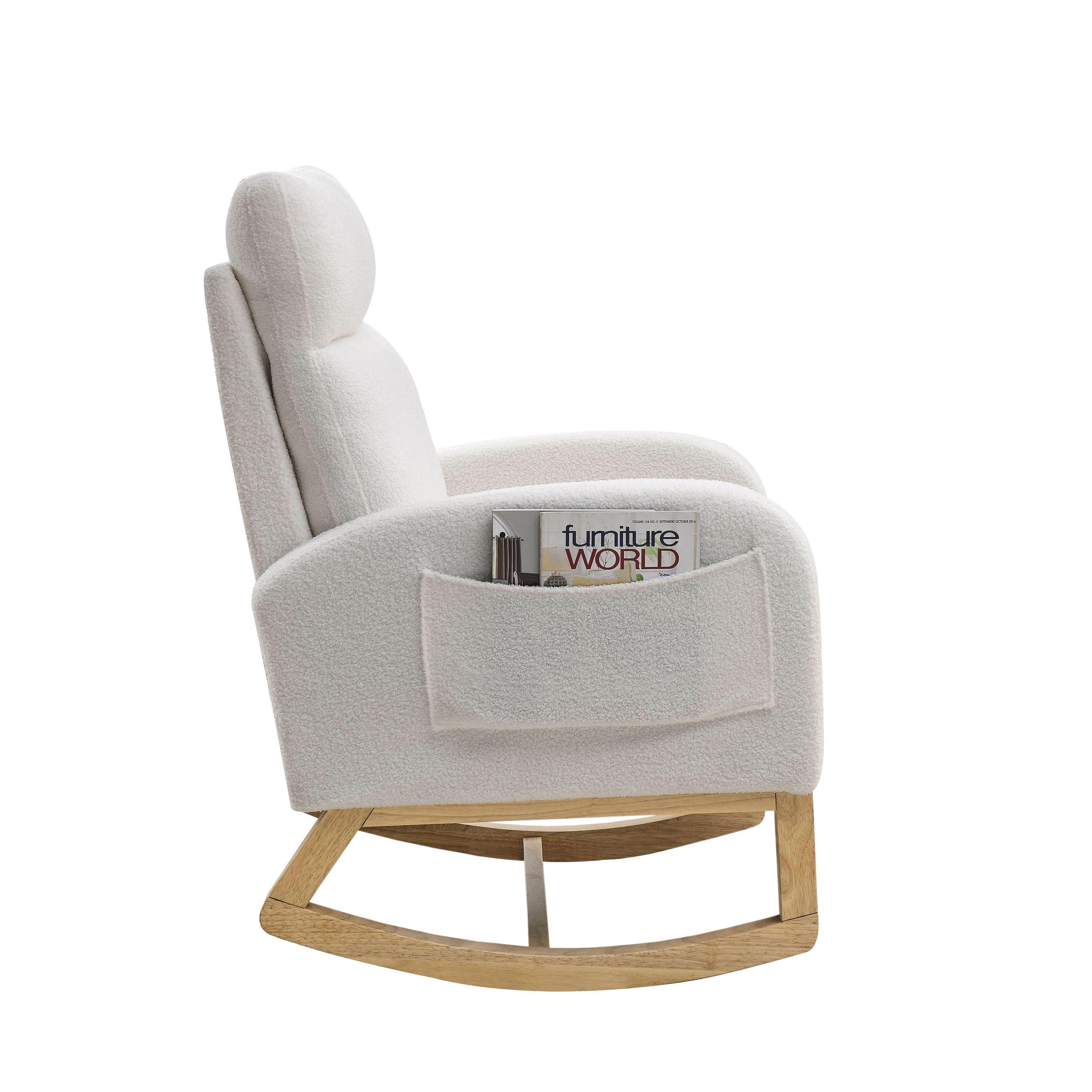 27.6W Modern Accent High Backrest Rocking Chair with Side Pockets - Teddy White (Ivory) - Perfect for Living Room, Lounge, Nursery & Reading Nook