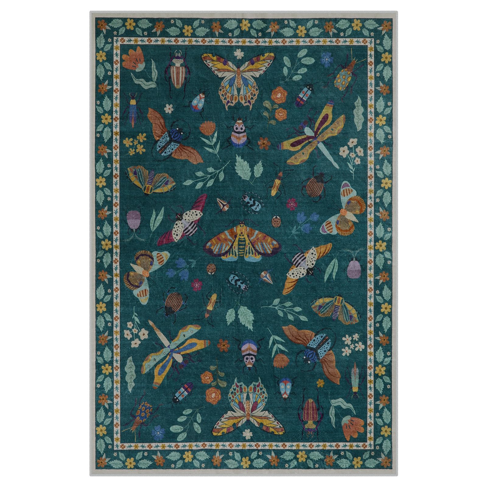 Lahome Insect Print Washable Area Rug 6x9 Feet - Soft Non-Slip Modern Rug for Living Room, Bedroom, Dining Room, Office & Nursery - Ultra-Thin Stain Resistant Large Carpet (Dark Green) | Perfect for Home Decor, Kids Play Area & Pet-Friendly Spaces