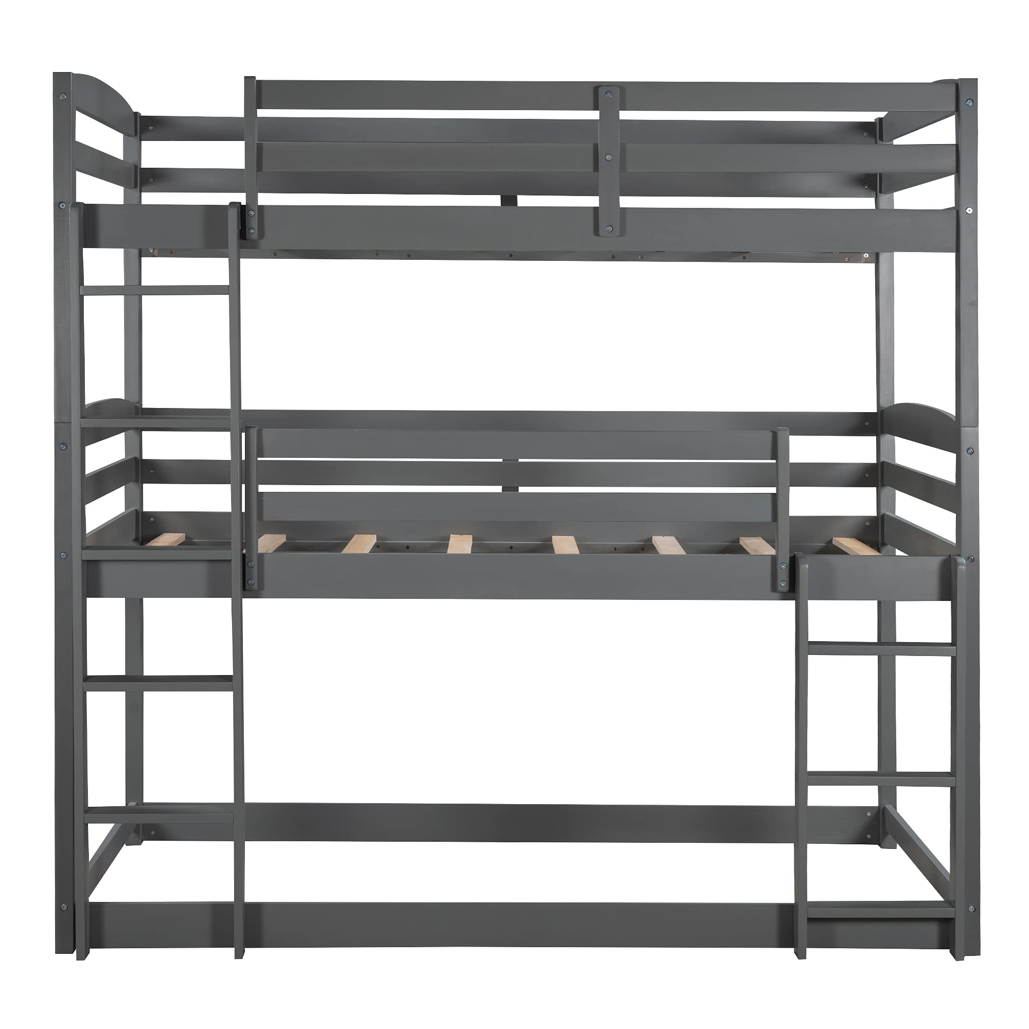 Solid Wood Triple Bunk Bed for Kids - Twin Over Twin Over Twin Bunk Bed Frame with 2 Built-in Ladders & Safety Guardrail - Converts to Twin Bunk Beds or Loft Bed - Space Saving Kids Bedroom Furniture for Small Rooms, Shared Bedrooms & Vacation Homes (Gray)