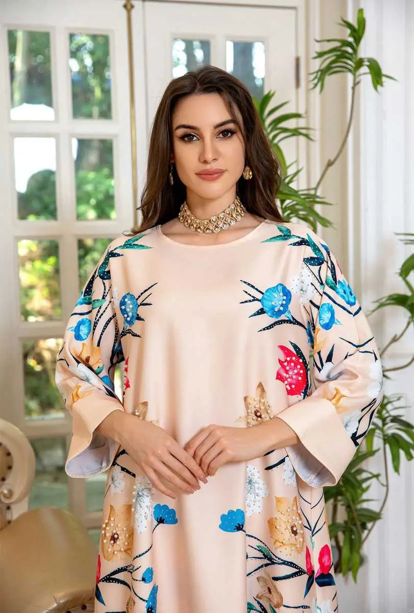 Elegant Eid Dress for Women - Arab Printed Kaftan Caftan Abaya Dress with Long Sleeves - Perfect for Eid Celebrations, Weddings & Special Occasions