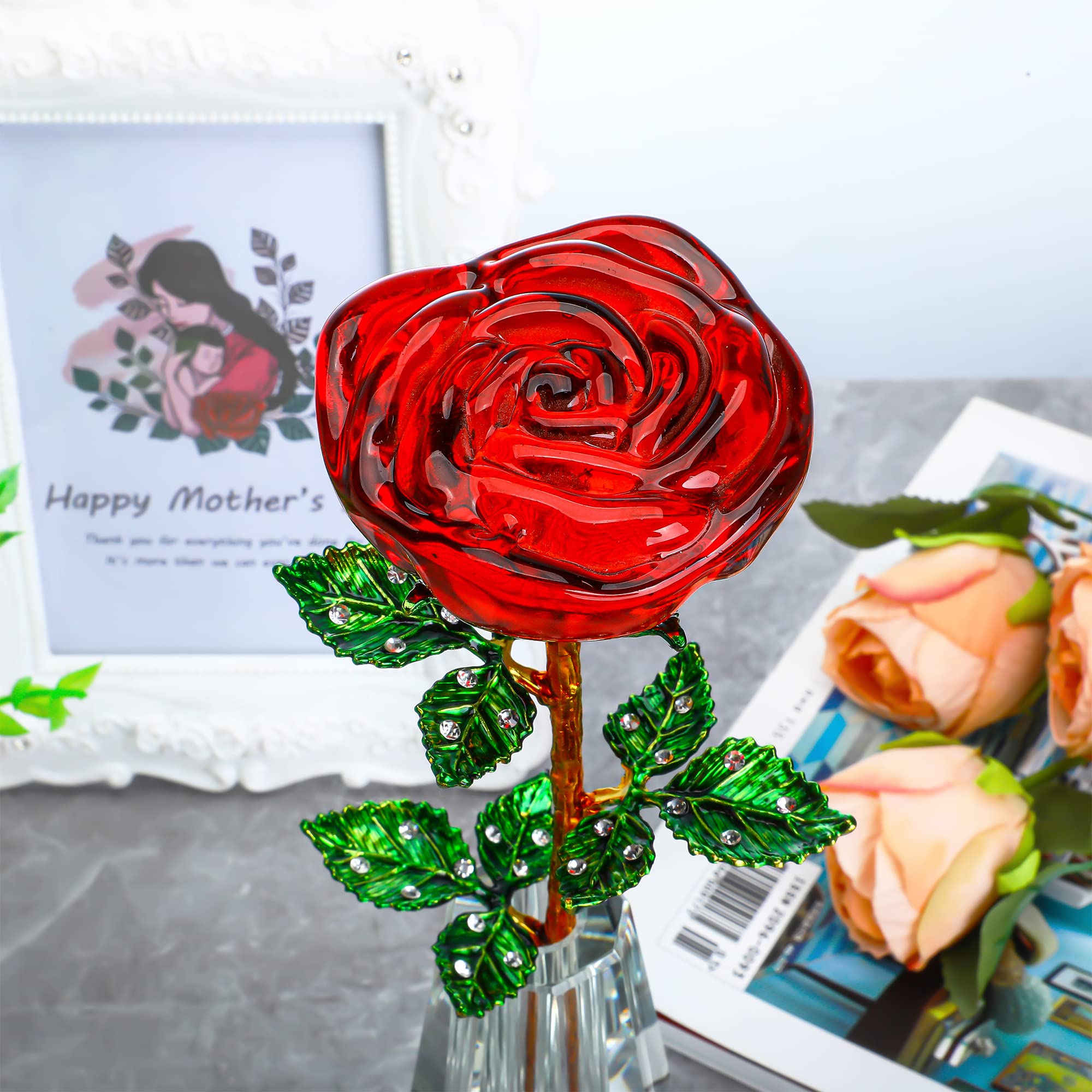 Elegant Crystal Rose Glass Flower with Green Leaves in Crystal Vase - Perfect Romantic Gift for Wedding, Anniversary, Valentine's Day & Birthday - Ideal for Home Decor, Wedding Centerpieces & Special Occasion Gifts
