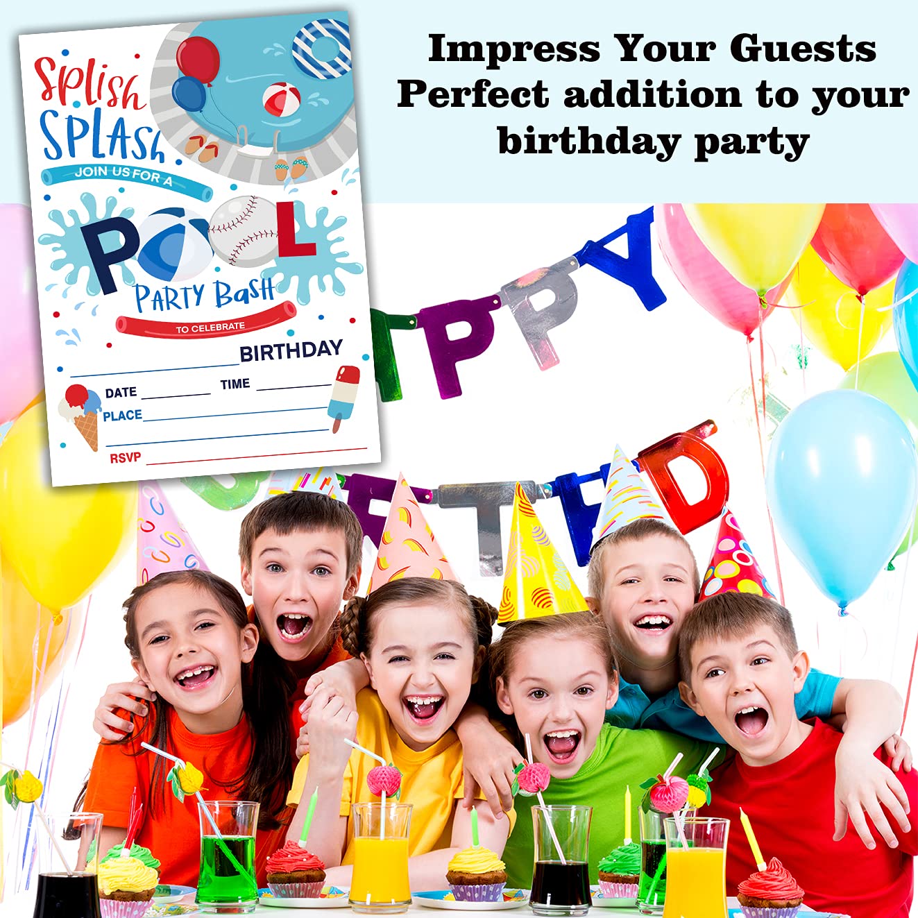 Swimming Pool Birthday Party Invitation Cards - 20 Count with Envelopes | Splish Splash Pool Party Supplies, Water Bouncing Ball Theme | Perfect for Kids' Summer Birthday Celebrations, Pool Parties & Backyard Bash Events