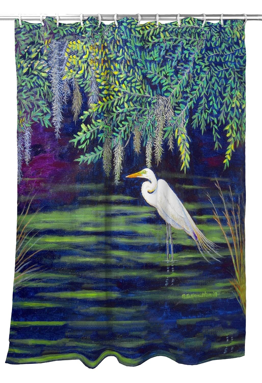 Betsy Drake Egret Lagoon Shower Curtain - Waterproof Bathroom Decor with Elegant Bird Design, Perfect for Modern & Coastal Style Homes