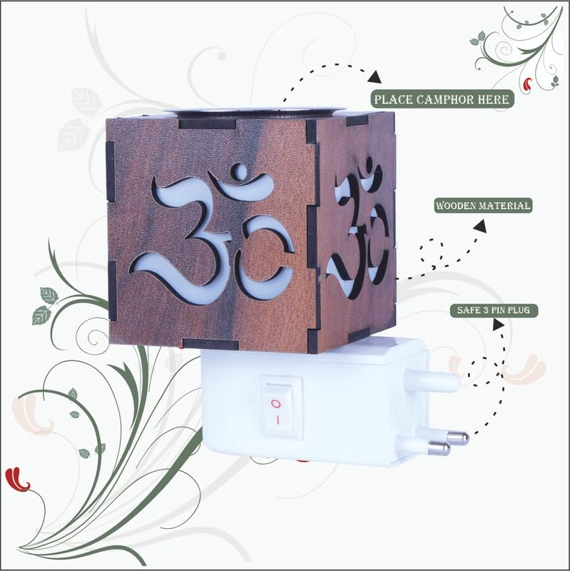 Electric Incense Holder & Aroma Diffuser with Light - Wooden Kapoor Dani for Home & Office | On/Off Switch | Perfect for Meditation, Yoga, Relaxation & Aromatherapy (KD 28)