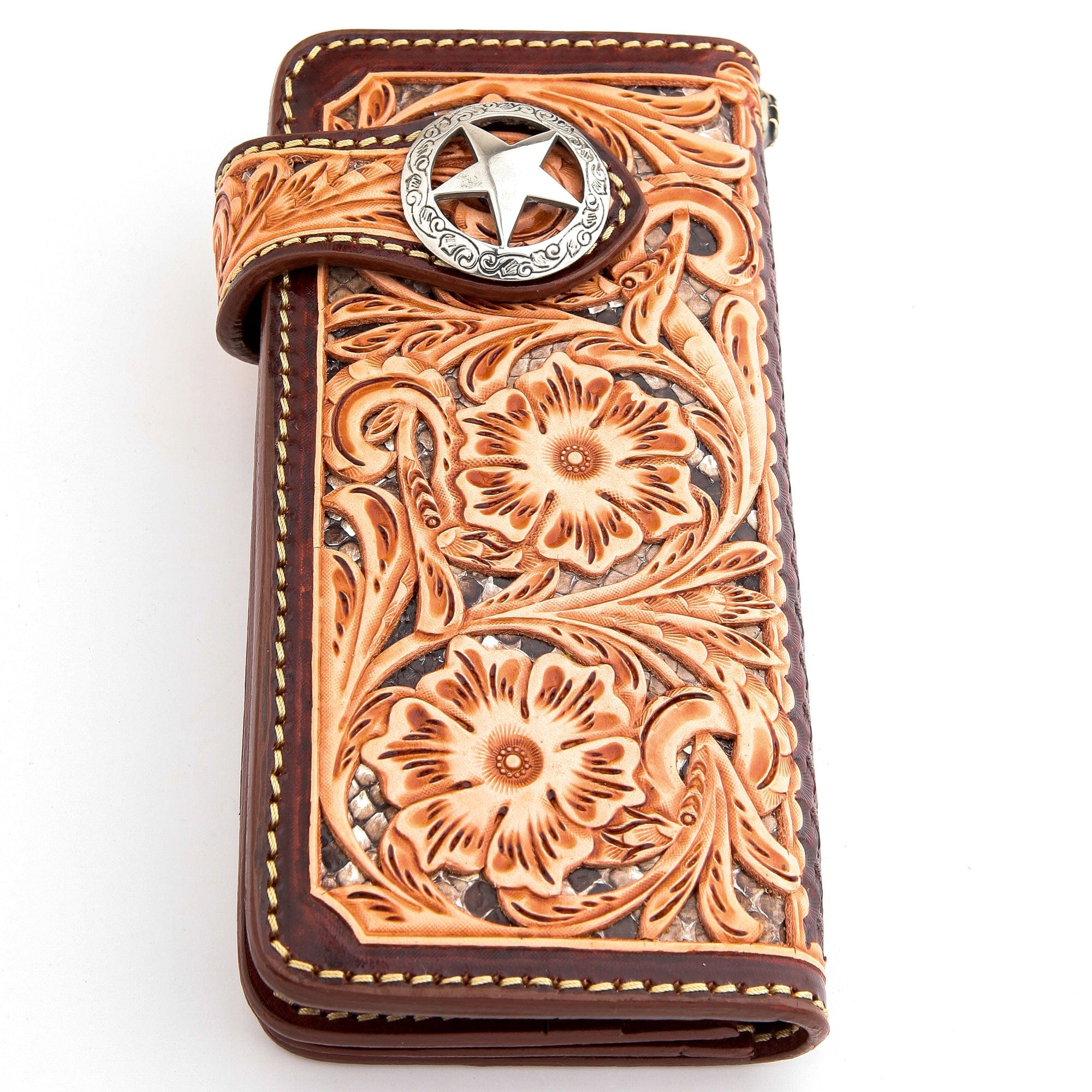 Genuine Leather Western Cowboy Biker Wallet with Brown Floral Star Design - Perfect for Riders, Bikers, and Western Fashion Enthusiasts