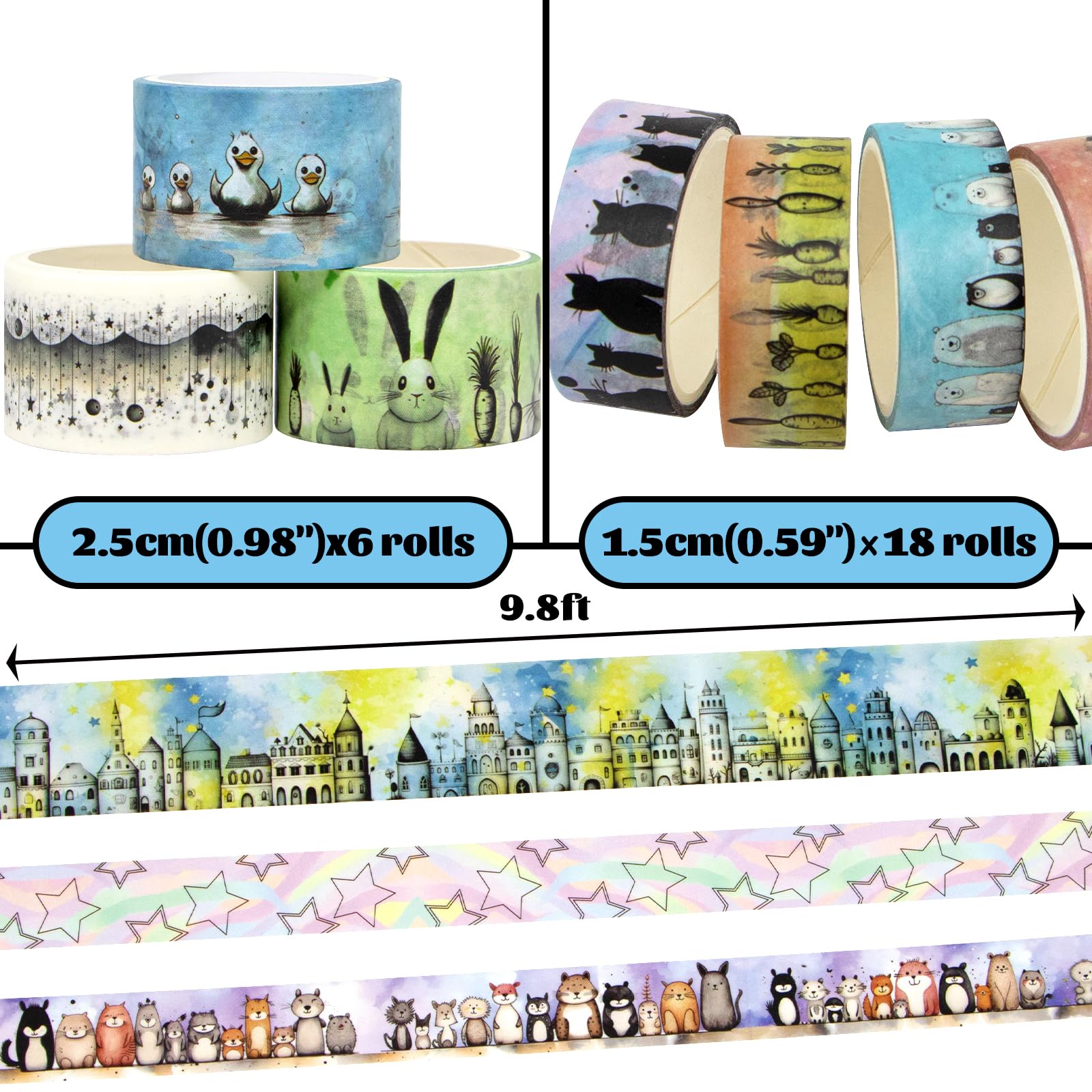 24 Rolls Kawaii Animal Washi Tape Set - Cute Decorative Tape for Scrapbooking, Bullet Journal, Junk Journal & Kids Crafts - Perfect for DIY Projects, Gift Wrapping & School Art Activities
