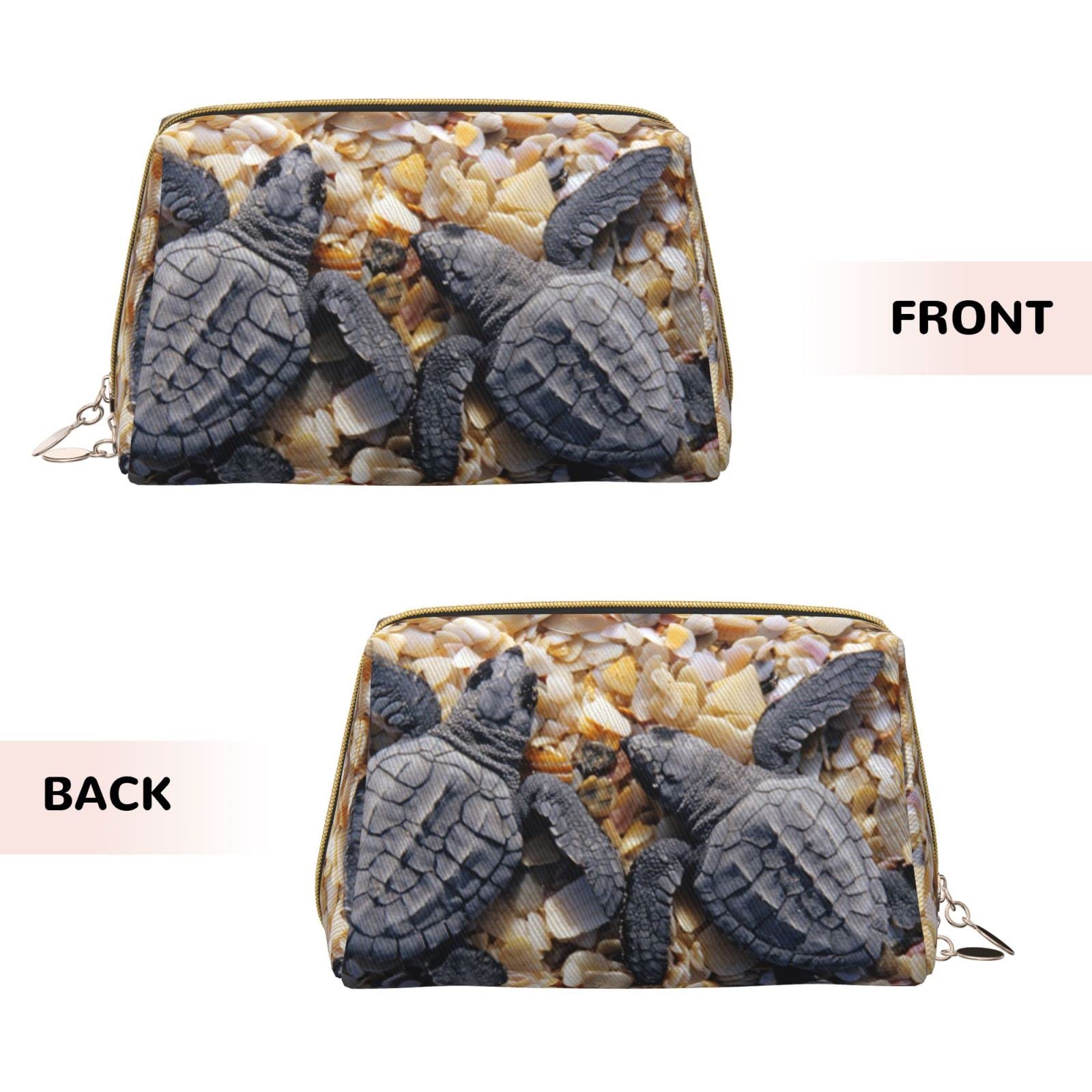 Waterproof Leather Makeup Bag for Women - Large Capacity Travel Cosmetic Organizer with Cute Baby Sea Turtle Beach Design | Perfect for Travel, Gym & Daily Use