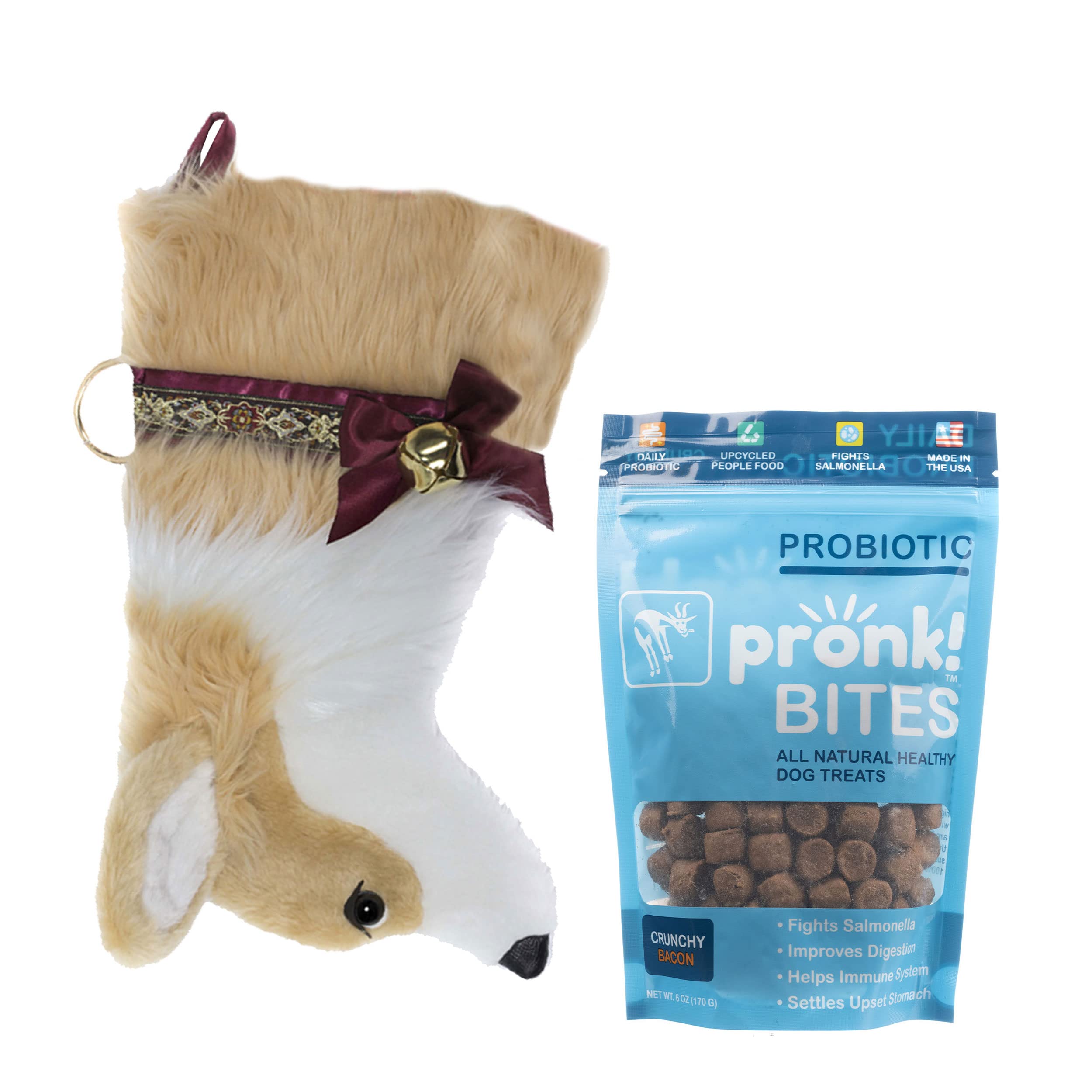 Premium Corgi Dog Christmas Stocking with Crunchy Bacon Probiotic Dog Treats Bundle - Eco-Friendly Upcycled Pet Gift for Holidays, Stocking Stuffer & Dog Training Rewards