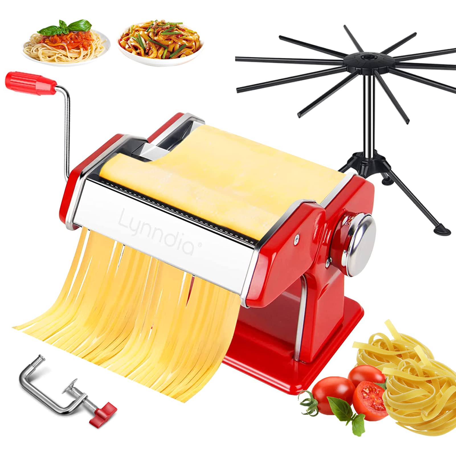 **Lynndia Stainless Steel Manual Pasta Maker Machine - 9 Adjustable Thickness Settings with Pasta Roller, Cutter & Drying Rack - Perfect for Homemade Spaghetti, Fettuccine & Lasagna - Ideal for Italian Cooking, Family Dinners & Gift Giving (Red)**
