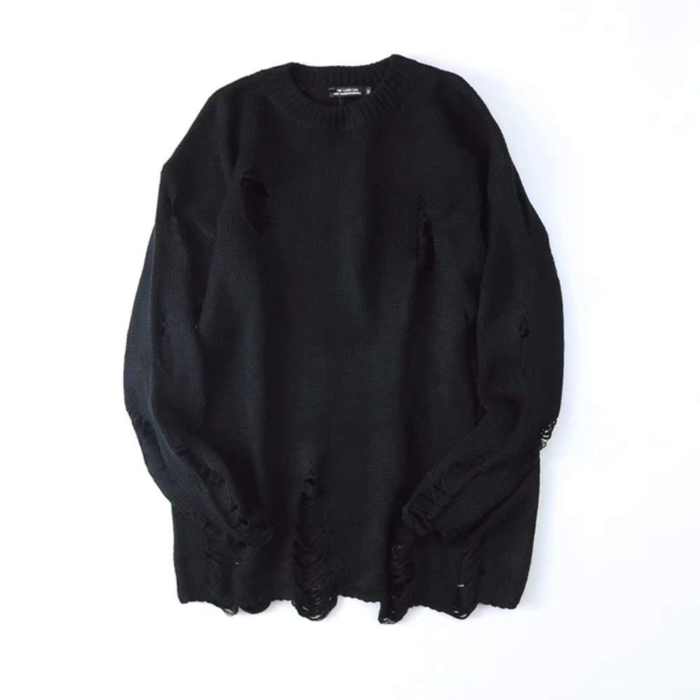 Men's Black & Red Striped Oversized Knit Sweater - Ripped Hole Pullover for Autumn & Winter | Long Sleeve Casual Clothing for Streetwear & Layering