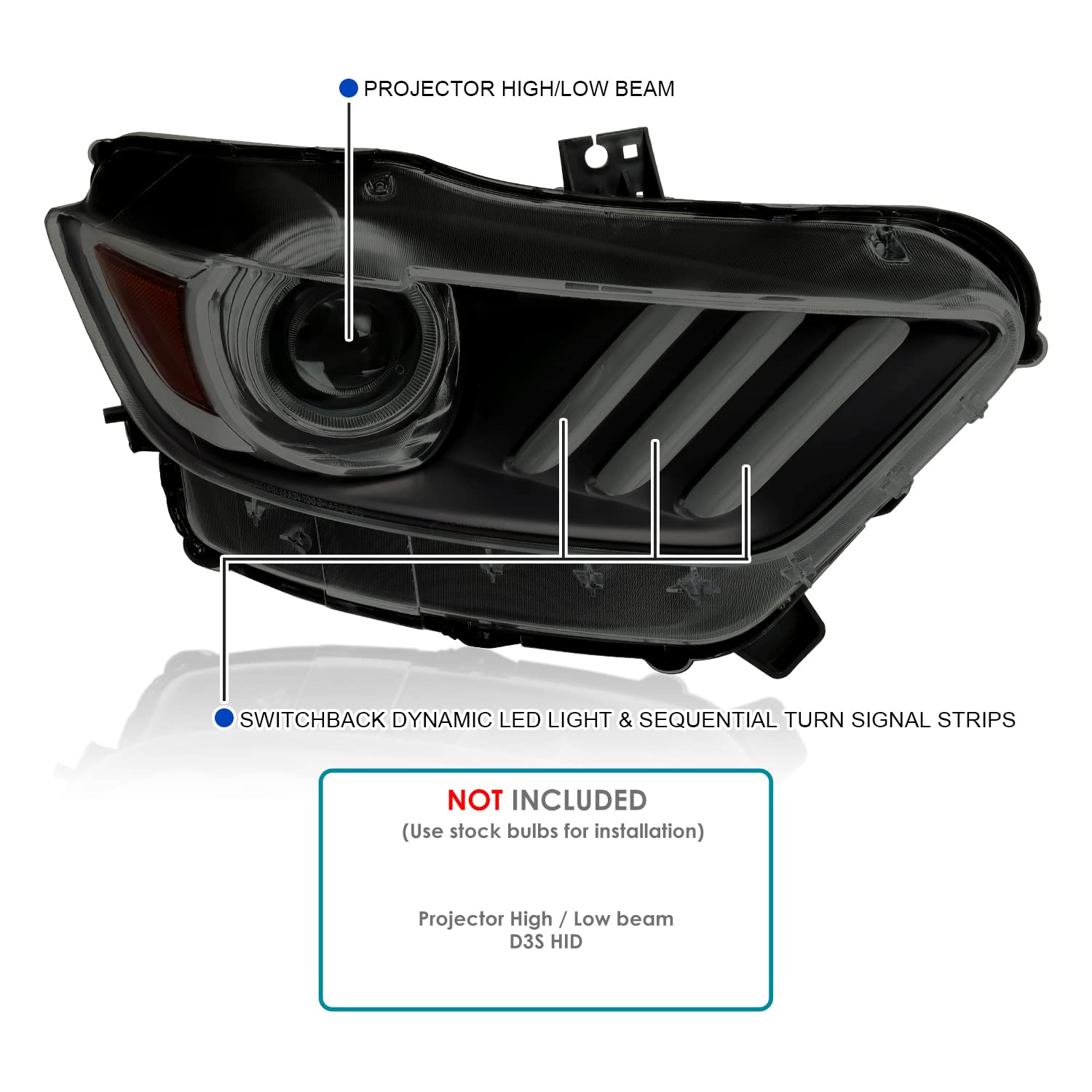 Spec-D Tuning Black Smoke Projector Headlights with LED Sequential Switchback Turn Signals & Startup Animation - Compatible with 2015-2020 Ford Mustang (Left+Right Pair) - Upgrade Your Ride for Night Driving & Car Shows