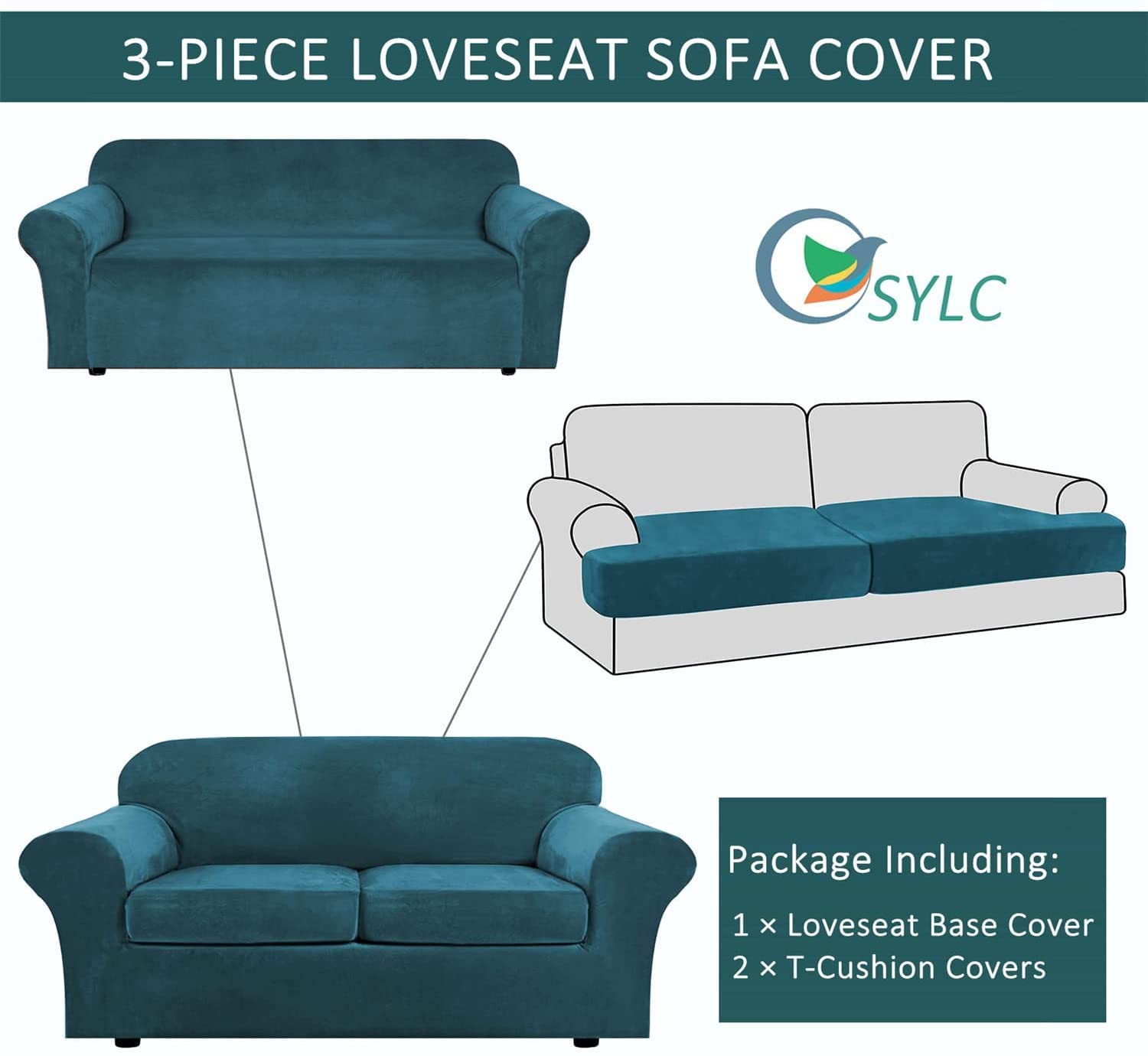 Luxury Velvet Stretch Sofa Cover & Loveseat Slipcover with 2 T-Cushion Covers - Soft Teal Couch Protector for Living Room, Sectional, Apartment Furniture - Perfect for Home Decor, Pet Protection & Furniture Makeover