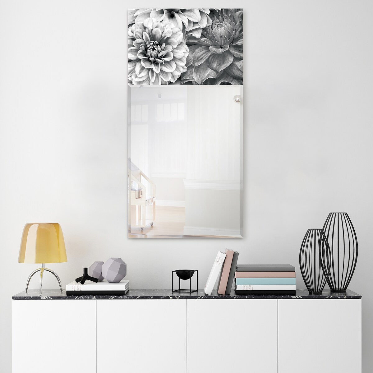 Blossoms Rectangular Beveled Mirror - Free Floating Printed Tempered Glass Wall Mirror, 24 x 48 Inches, Clear - Perfect for Bedroom, Bathroom, or Entryway Decor