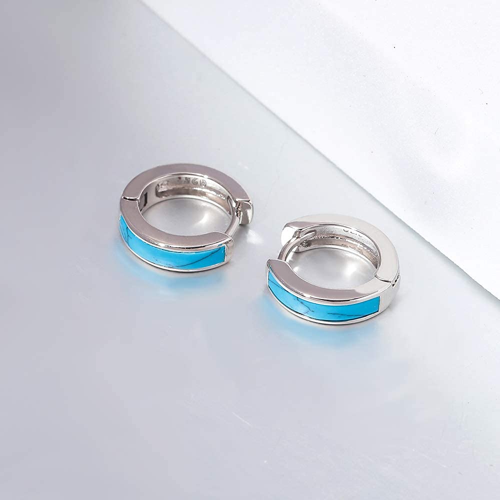 Sterling Silver Plated Small Hoop Earrings for Women & Men - Hypoallergenic Huggie Earrings with Turquoise Gemstone | Perfect for Sensitive Ears, Everyday Wear & Gift Giving