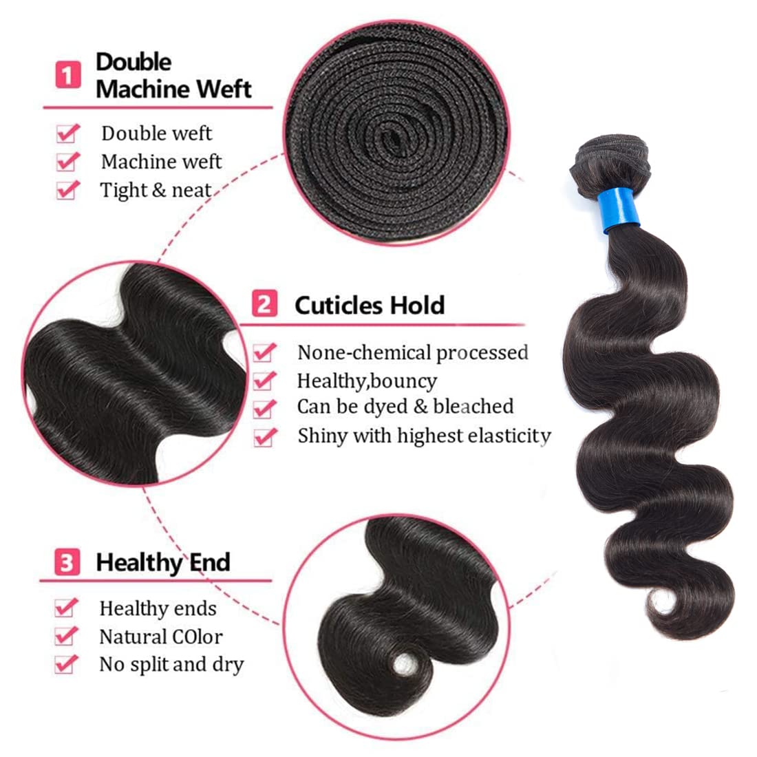 100% Unprocessed Brazilian Virgin Human Hair Weaves - 3 Bundles Body Wave Hair Extensions in Natural Black (22/24/26 Inch) | Perfect for Daily Wear, Parties & Special Occasions
